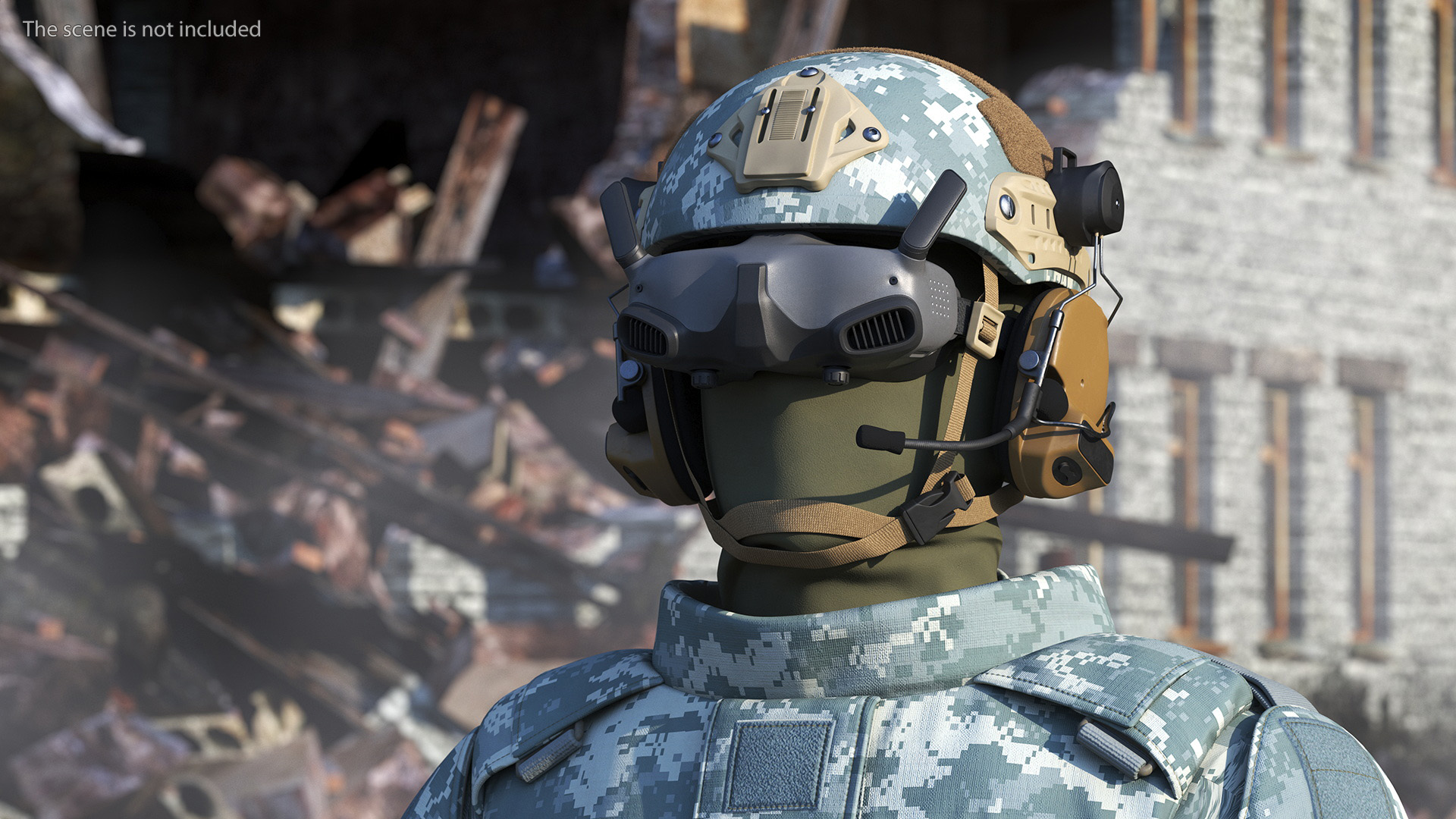 3D FPV Drone Operator in Digital Camouflage with Remote Control in Hands Fur model