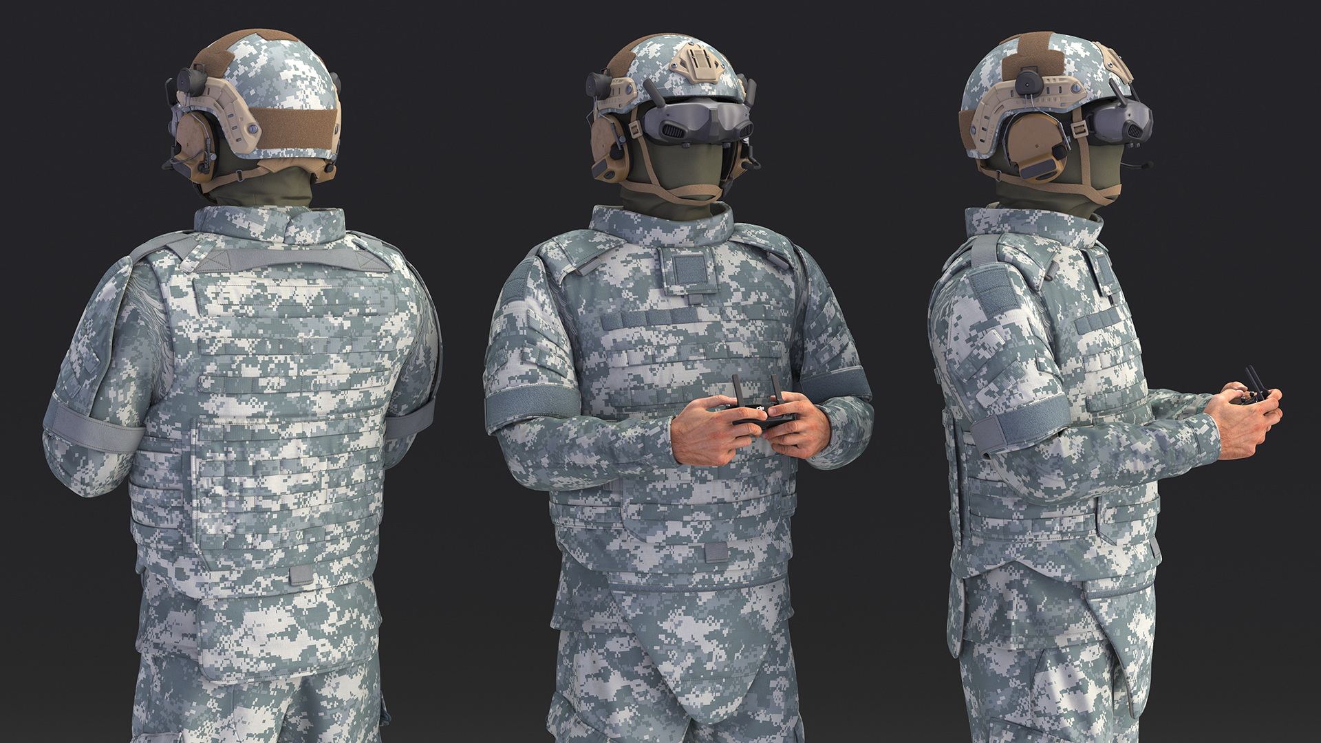 3D FPV Drone Operator in Digital Camouflage with Remote Control in Hands Fur model