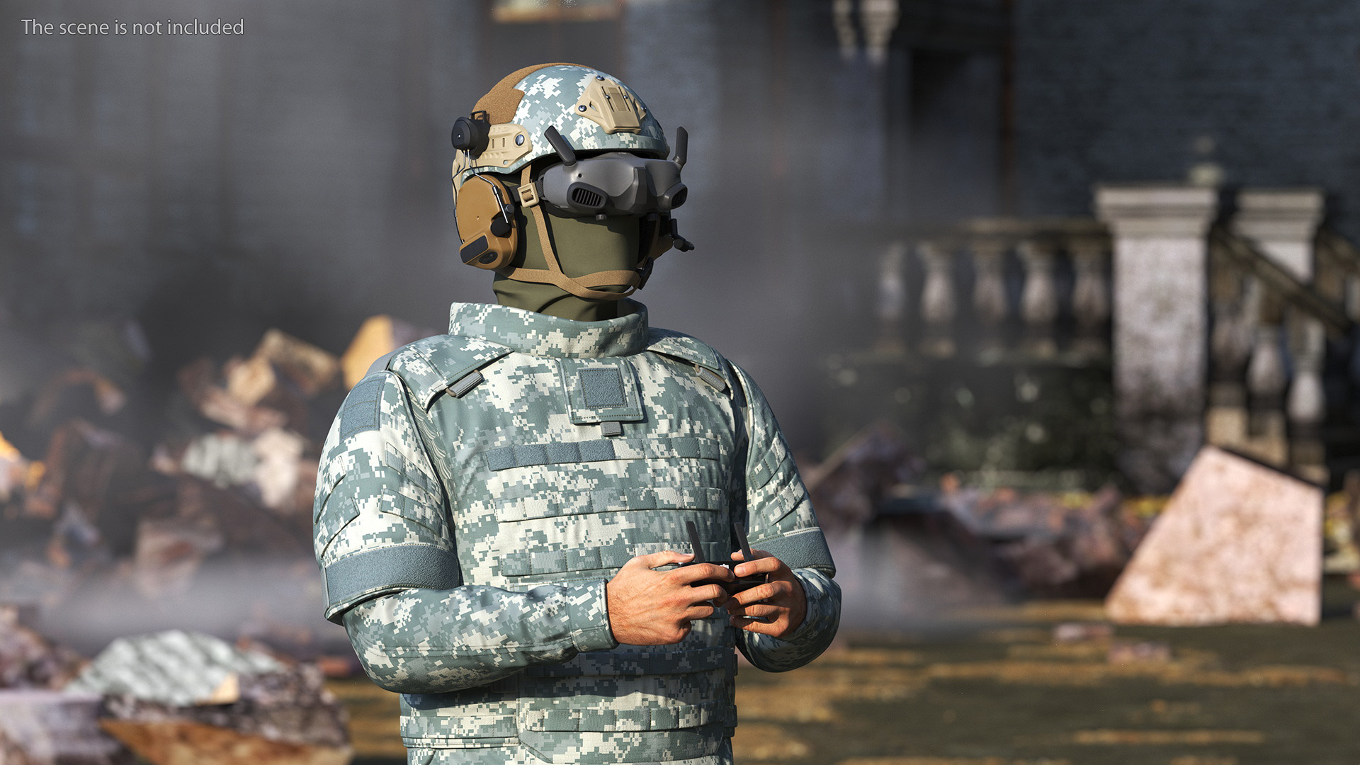 3D FPV Drone Operator in Digital Camouflage with Remote Control in Hands Fur model