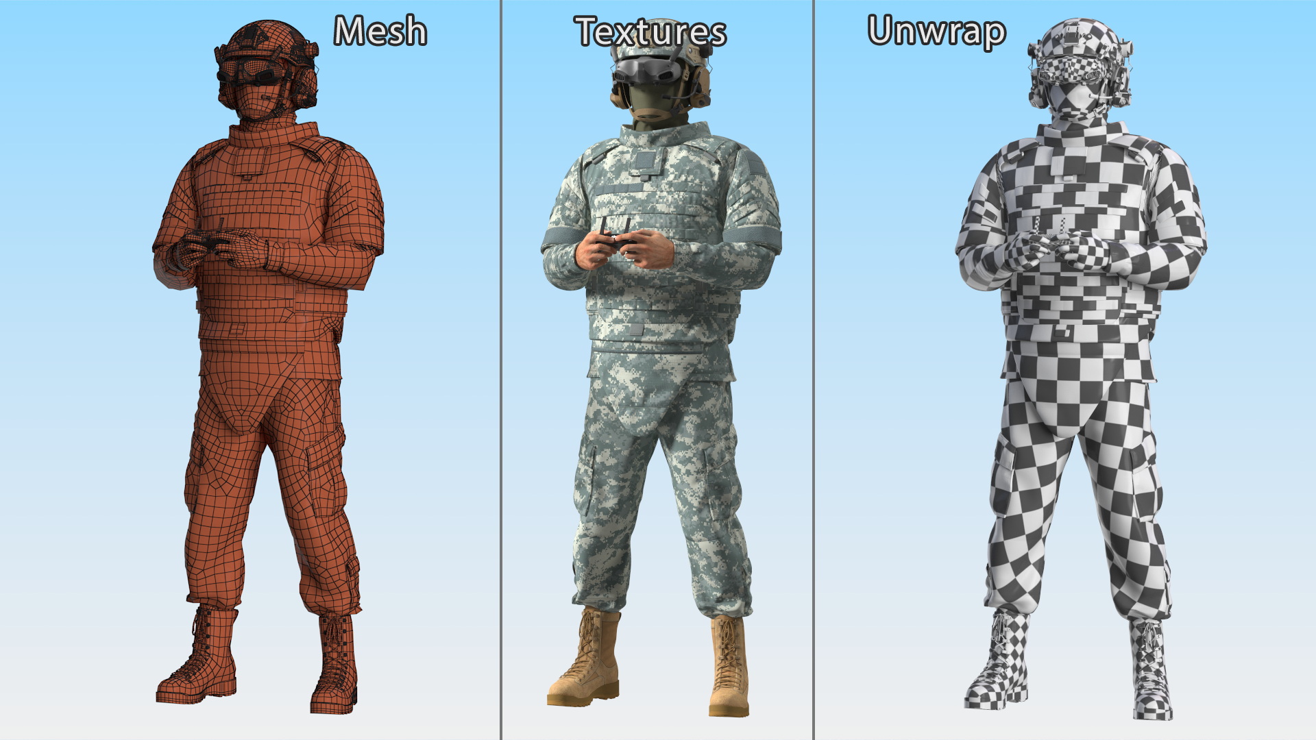 3D FPV Drone Operator in Digital Camouflage with Remote Control in Hands Fur model