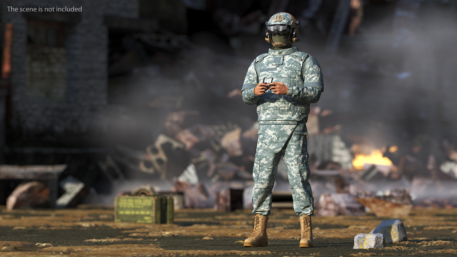 3D FPV Drone Operator in Digital Camouflage with Remote Control in Hands Fur model