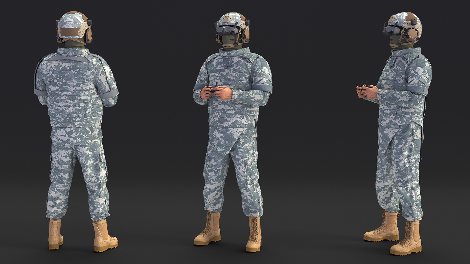 3D FPV Drone Operator in Digital Camouflage with Remote Control in Hands Fur model