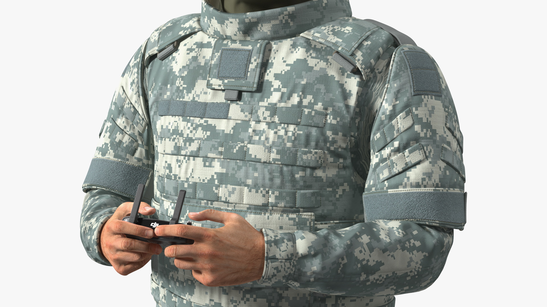 3D FPV Drone Operator in Digital Camouflage with Remote Control in Hands Fur model