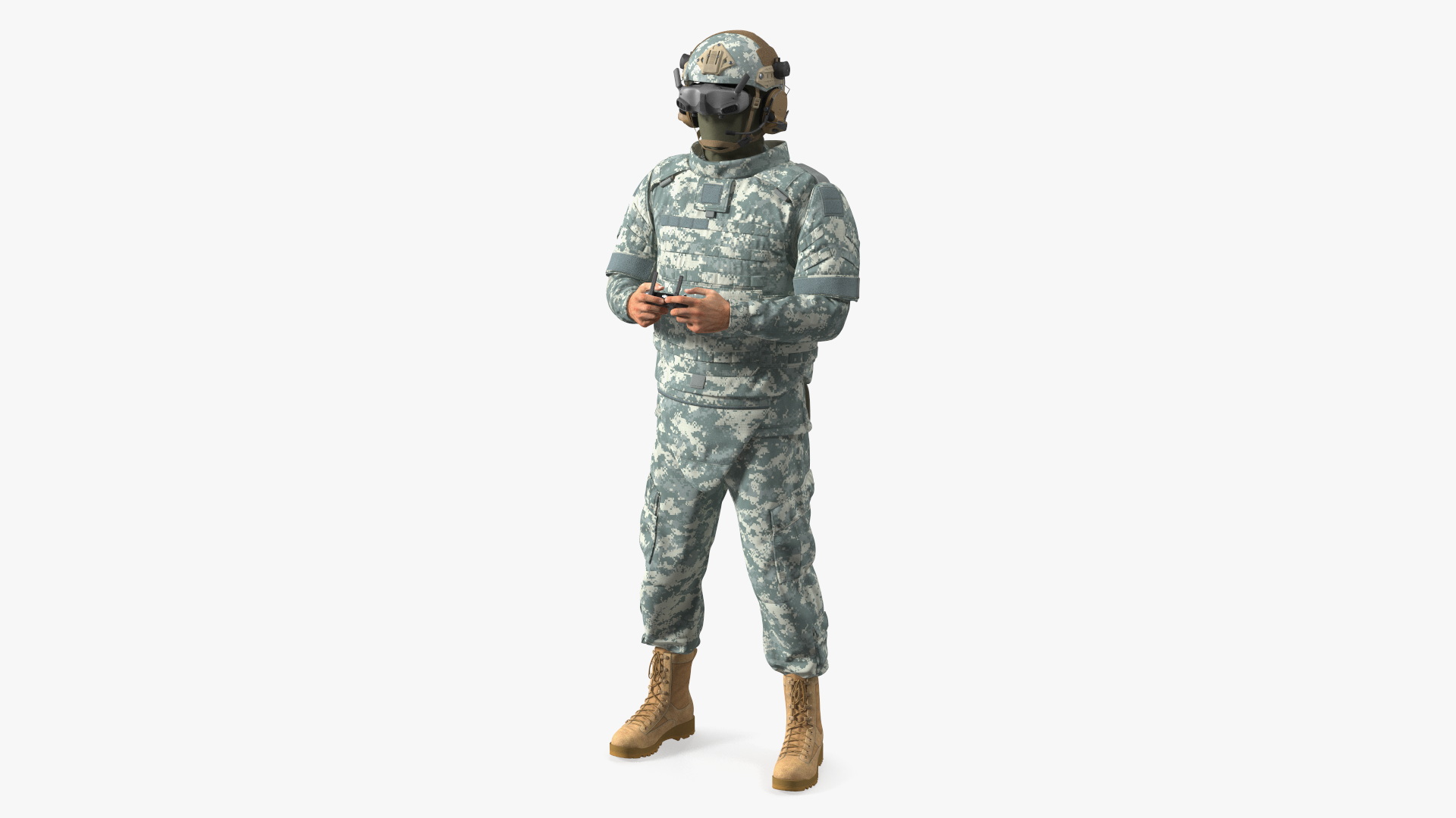 3D FPV Drone Operator in Digital Camouflage with Remote Control in Hands Fur model