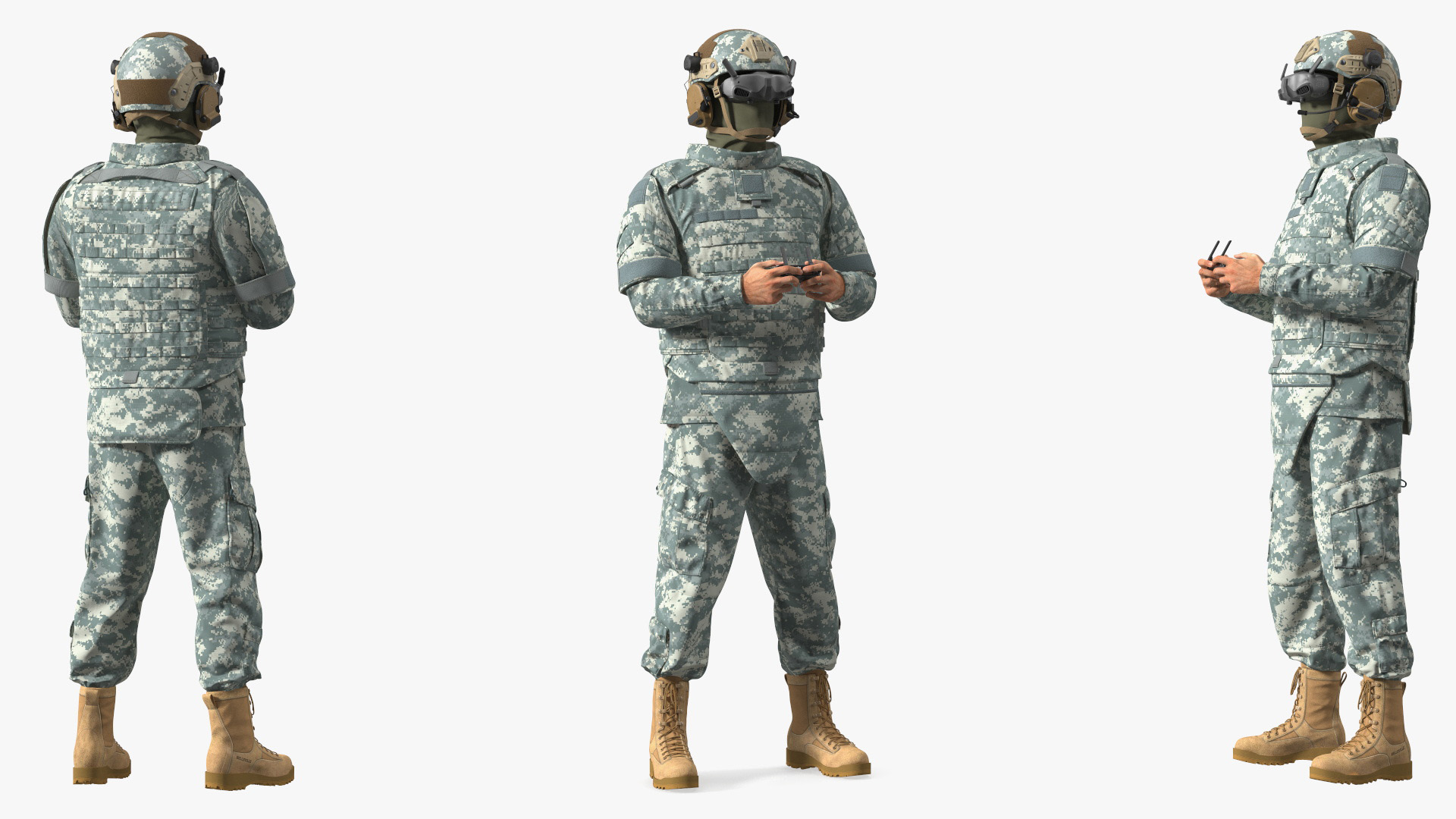 3D FPV Drone Operator in Digital Camouflage with Remote Control in Hands Fur model