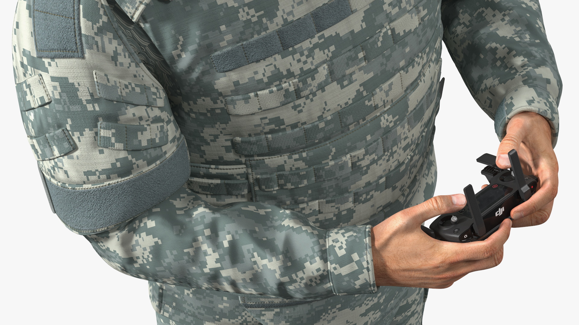 3D FPV Drone Operator in Digital Camouflage with Remote Control in Hands Fur model