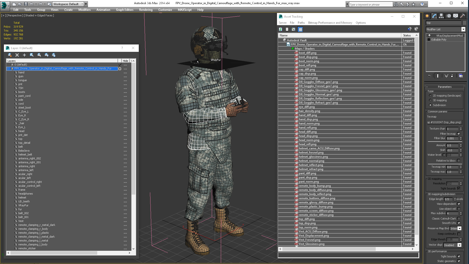 3D FPV Drone Operator in Digital Camouflage with Remote Control in Hands Fur model
