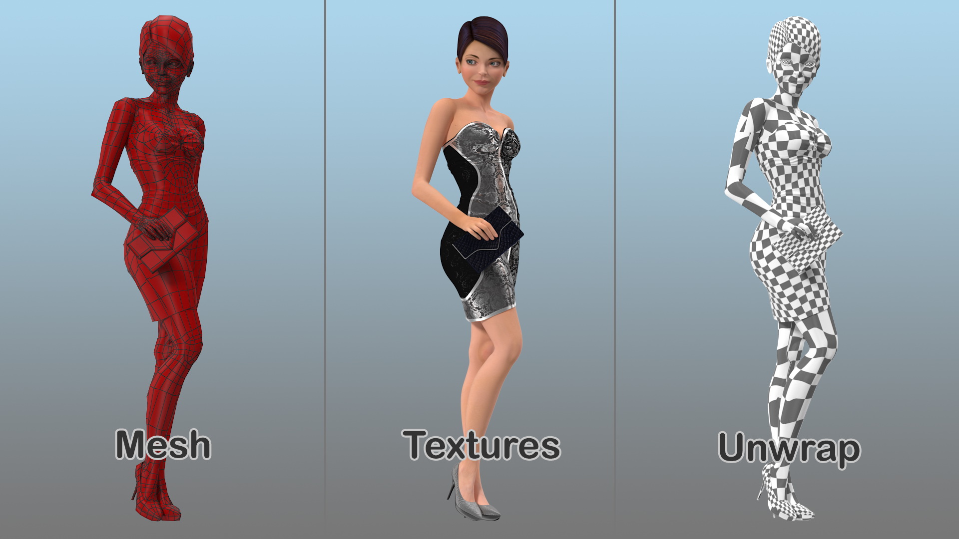 3D Cartoon Young Girl Party Clothes Standing Pose