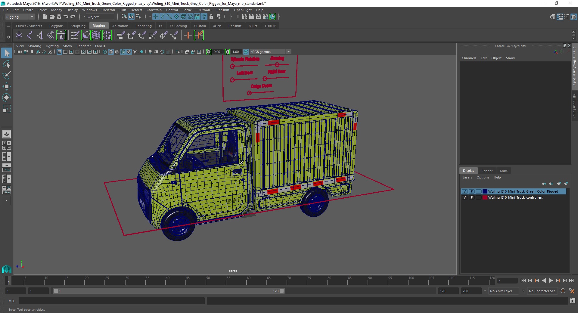 Wuling E10 Mini Truck Green Color Rigged for Maya 3D model