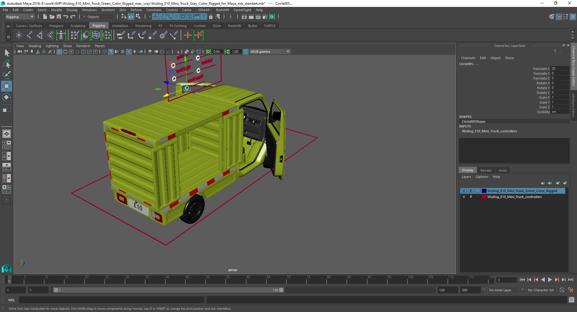 Wuling E10 Mini Truck Green Color Rigged for Maya 3D model
