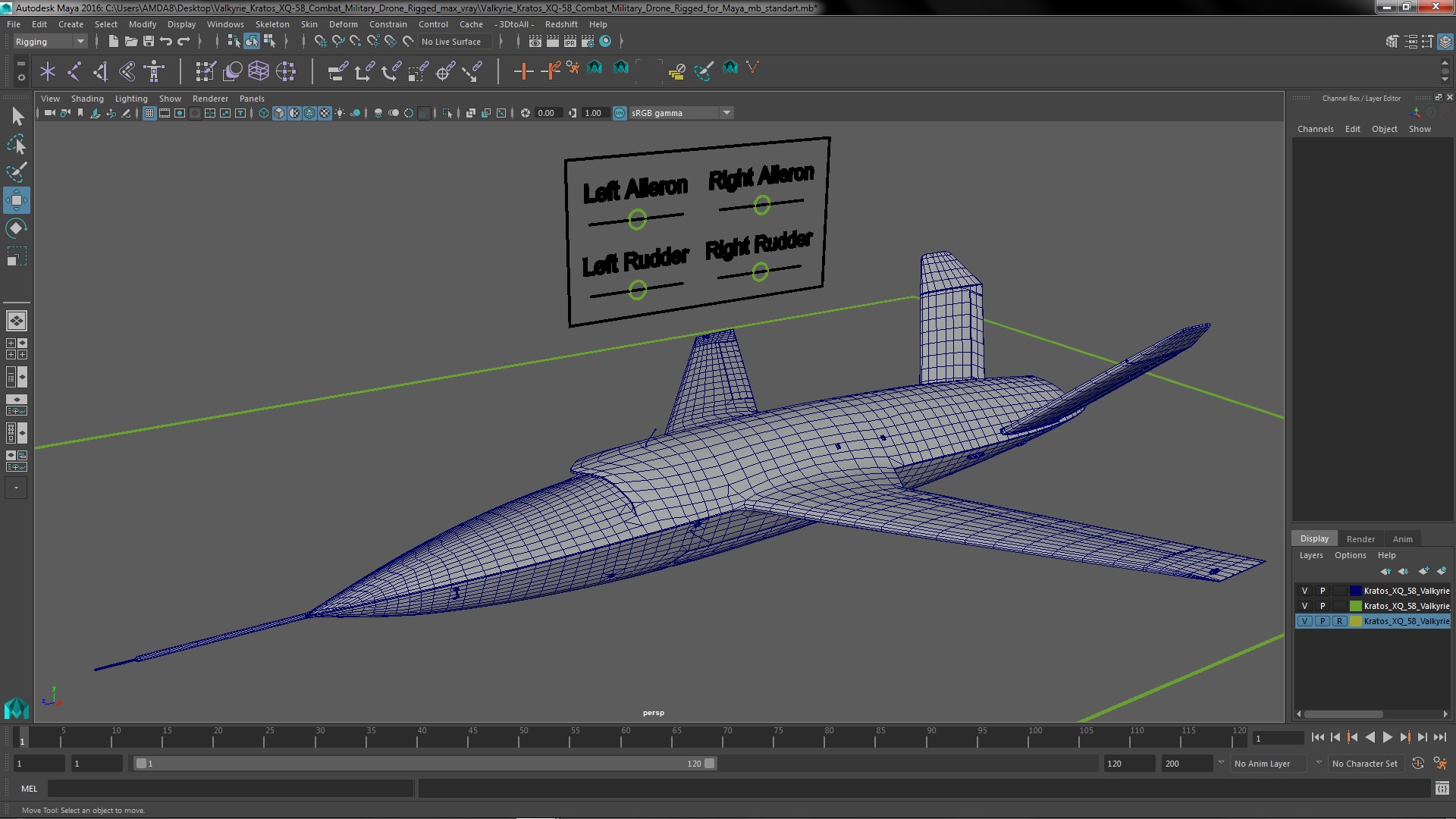 Valkyrie Kratos XQ-58 Combat Military Drone Rigged for Maya 3D model