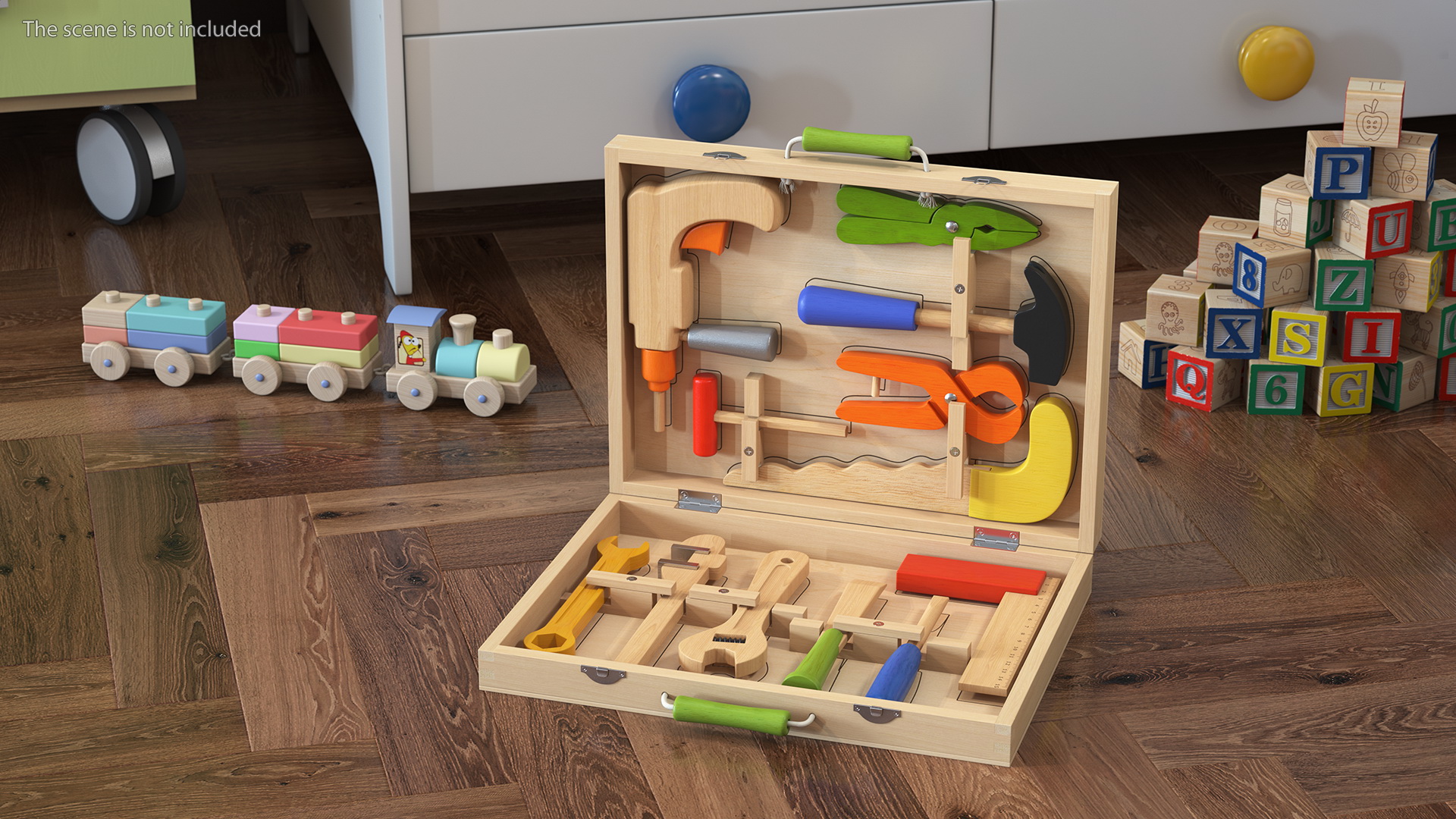 3D model Wood Tool Box with Colorful Wooden Tools