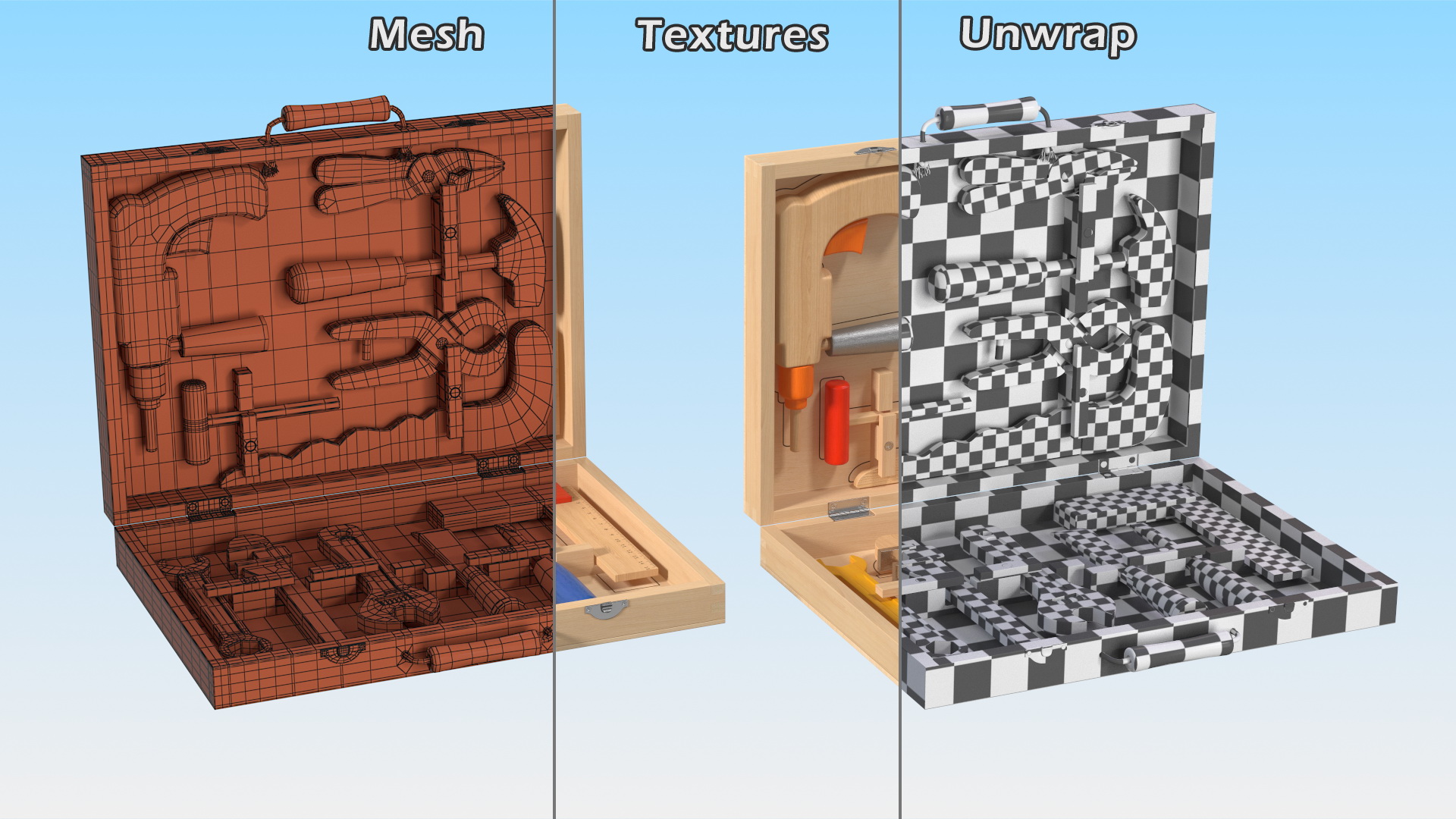 3D model Wood Tool Box with Colorful Wooden Tools