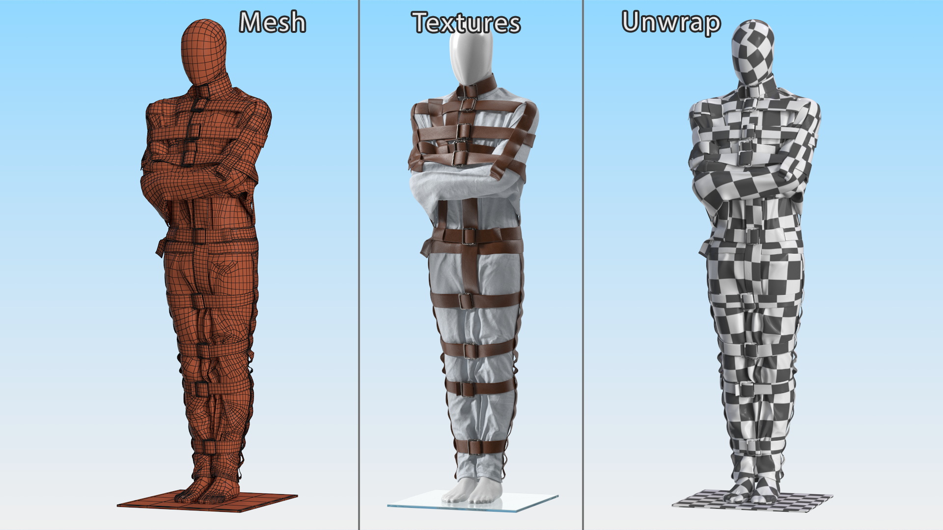 Straitjacket on Mannequin with Leather Belts 3D model