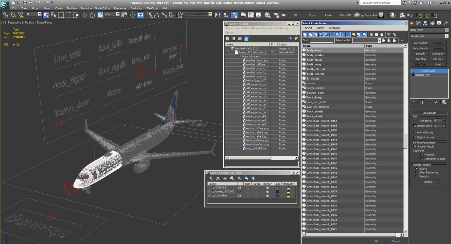 3D Boeing 737 900 with Interior and Cockpit United Airlines Rigged model