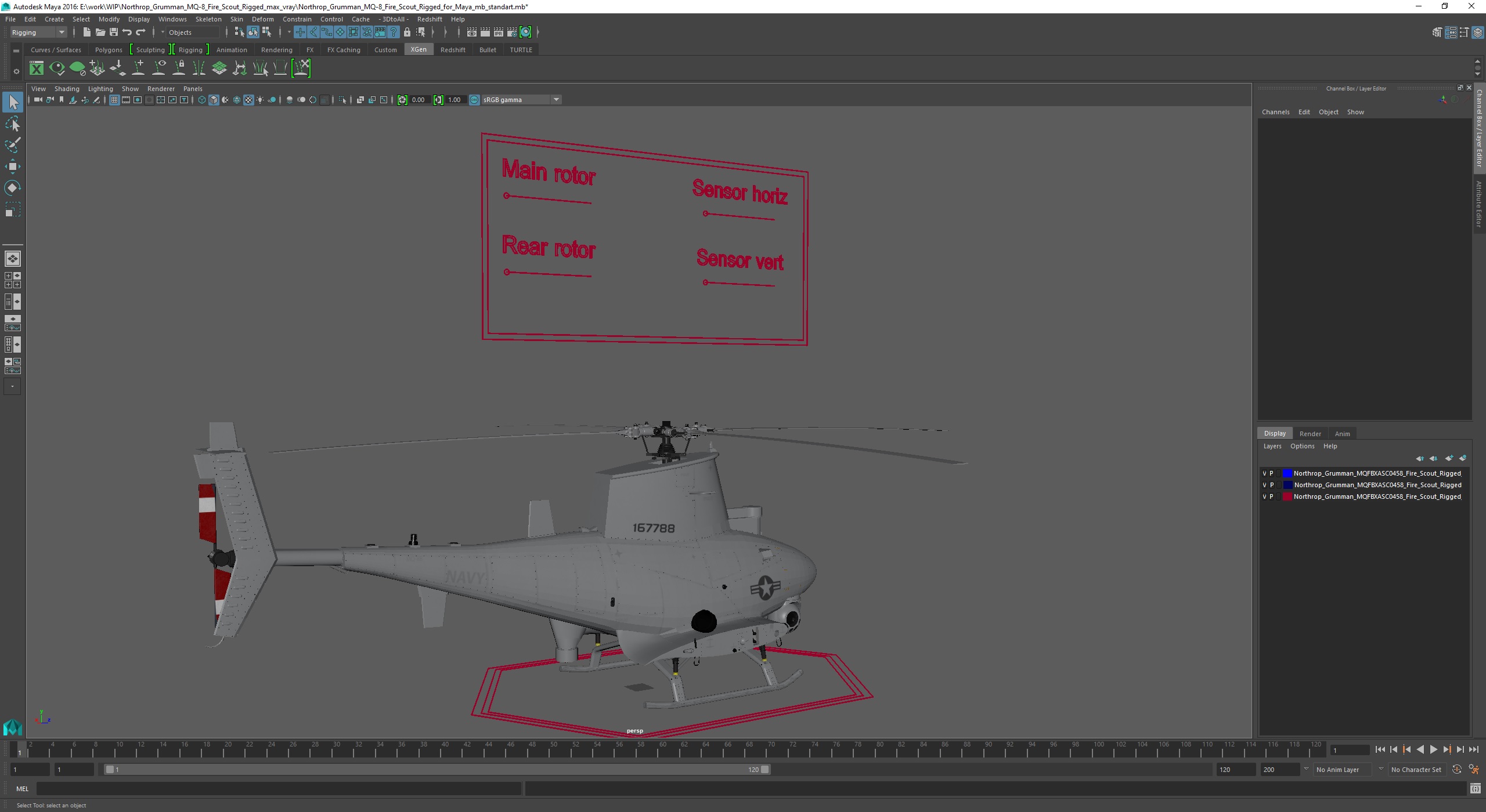 3D Northrop Grumman MQ-8 Fire Scout Rigged for Maya model