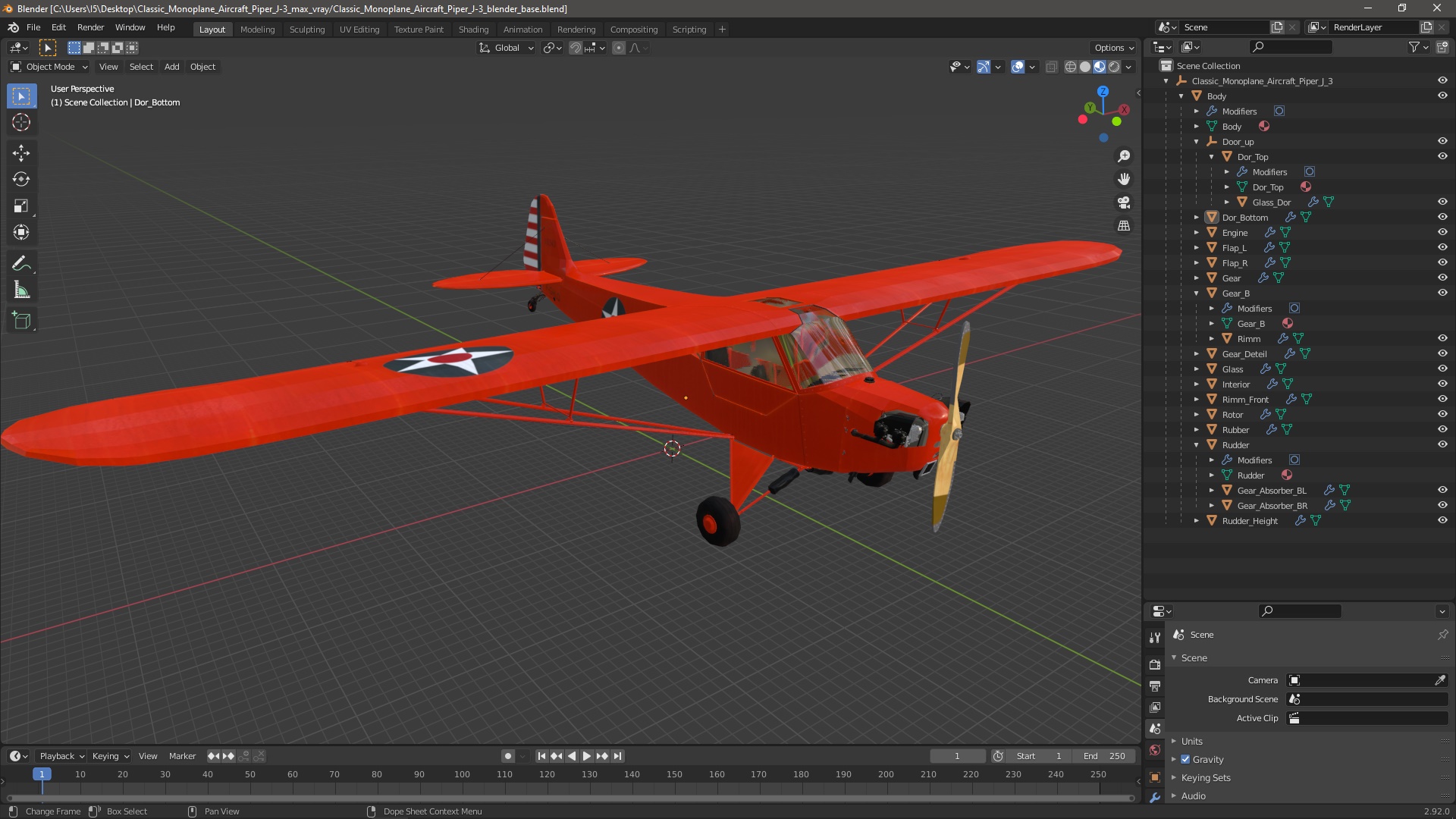 3D Classic Monoplane Aircraft Piper J-3
