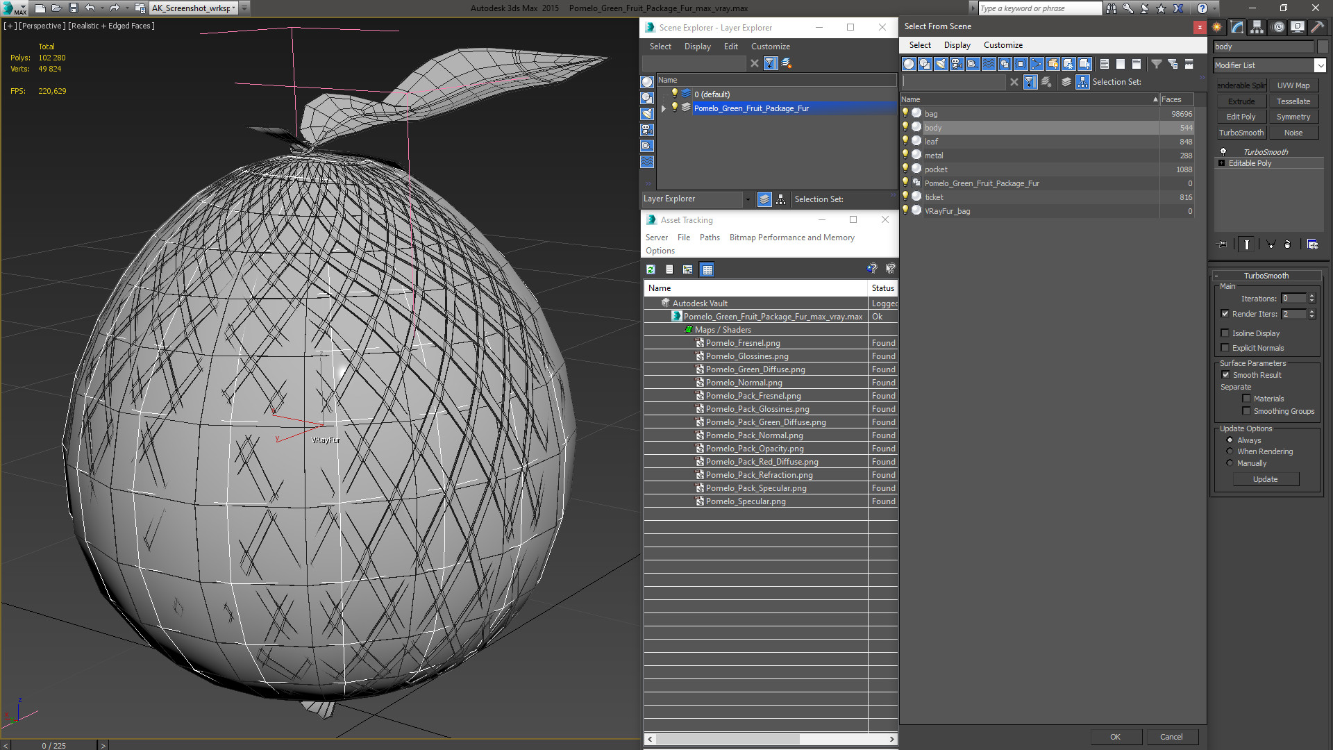 3D model Pomelo Green Fruit Package Fur