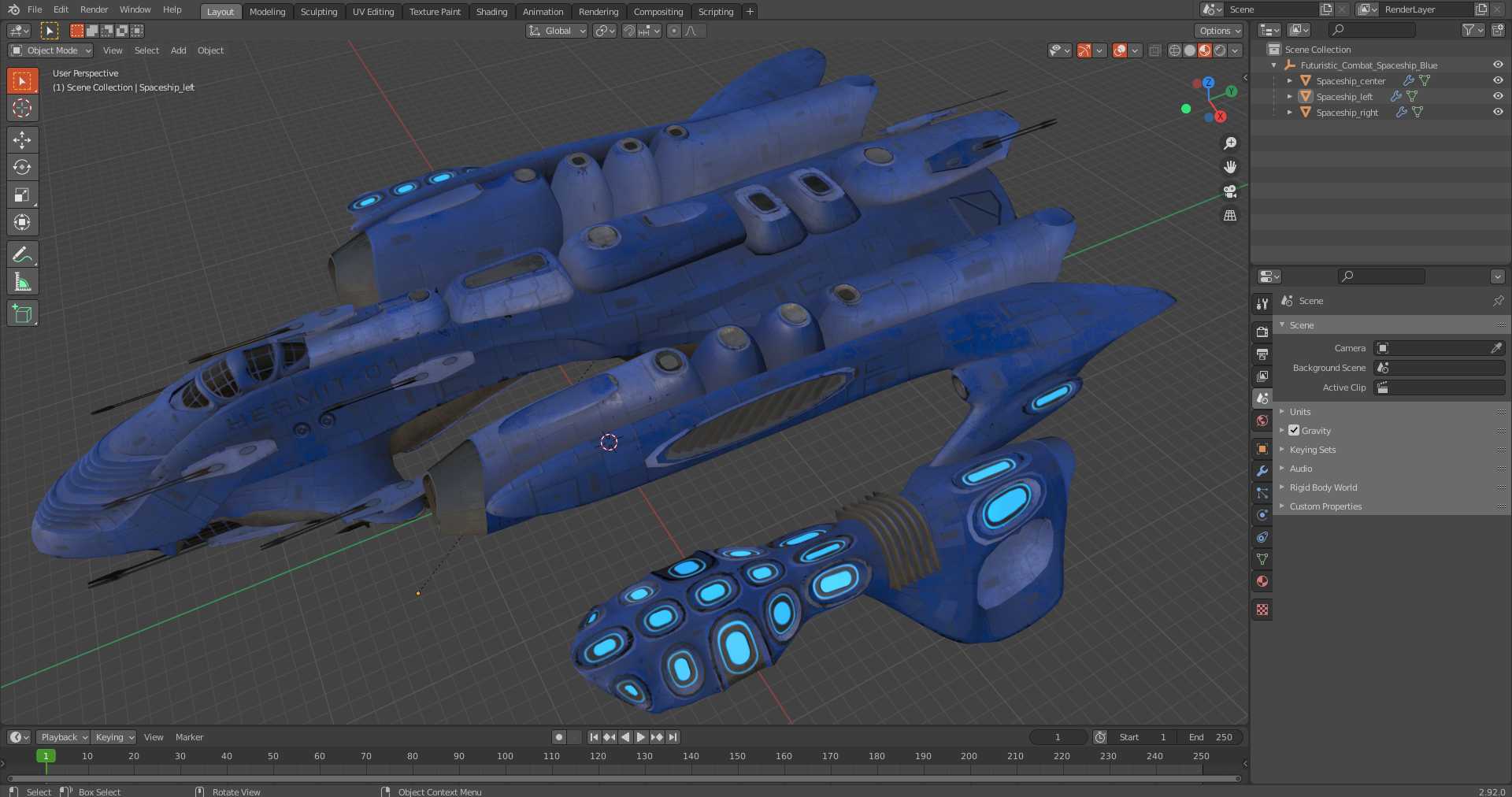 Futuristic Combat Spaceship Blue 3D