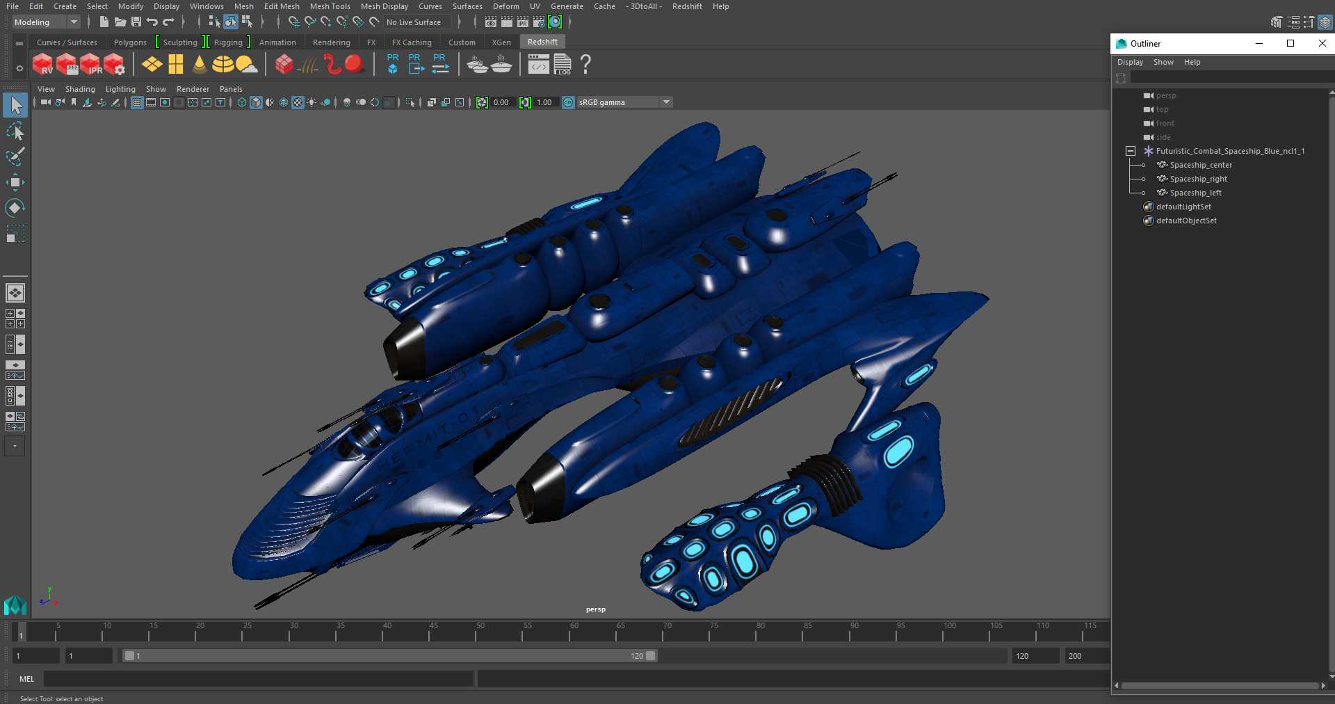 Futuristic Combat Spaceship Blue 3D