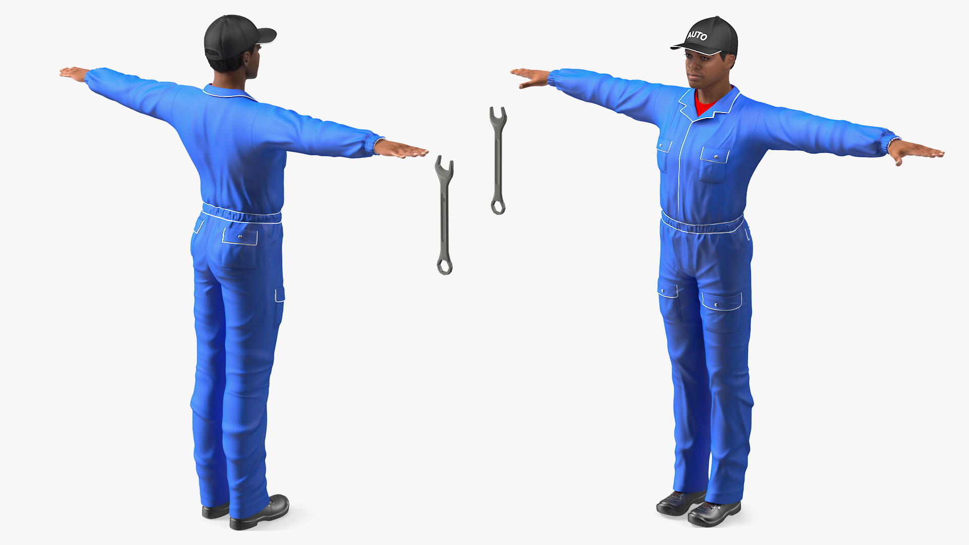 3D Light Skin Black Car Mechanic T Pose
