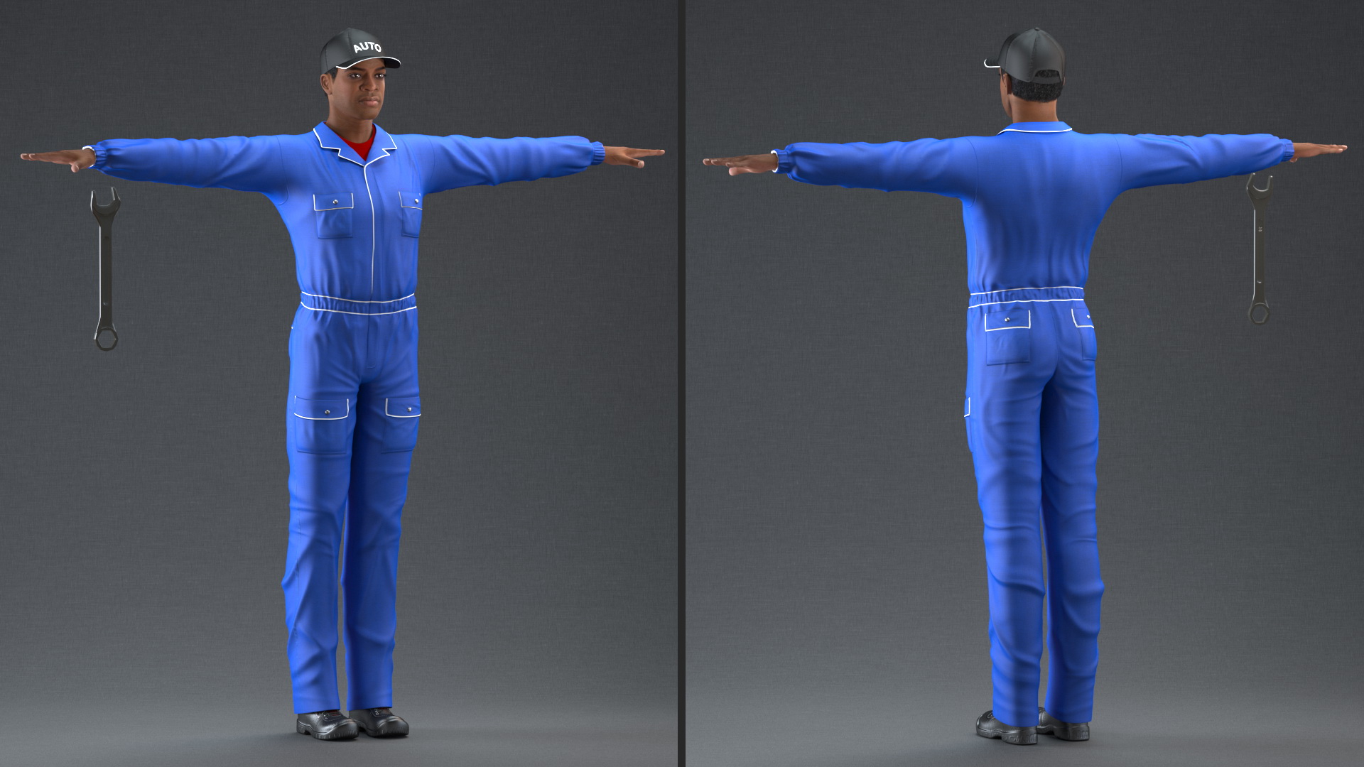 3D Light Skin Black Car Mechanic T Pose
