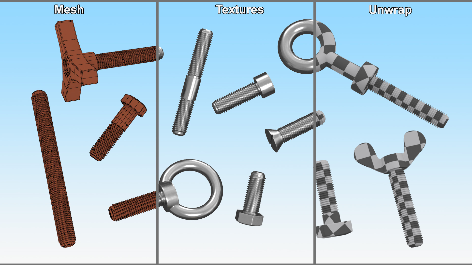 Chromed Steel Nuts and Bolts Kit 3D