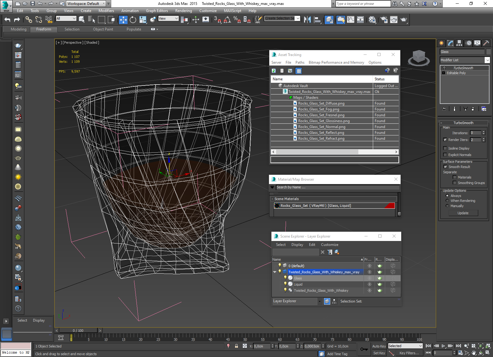 Twisted Rocks Glass With Whiskey 3D