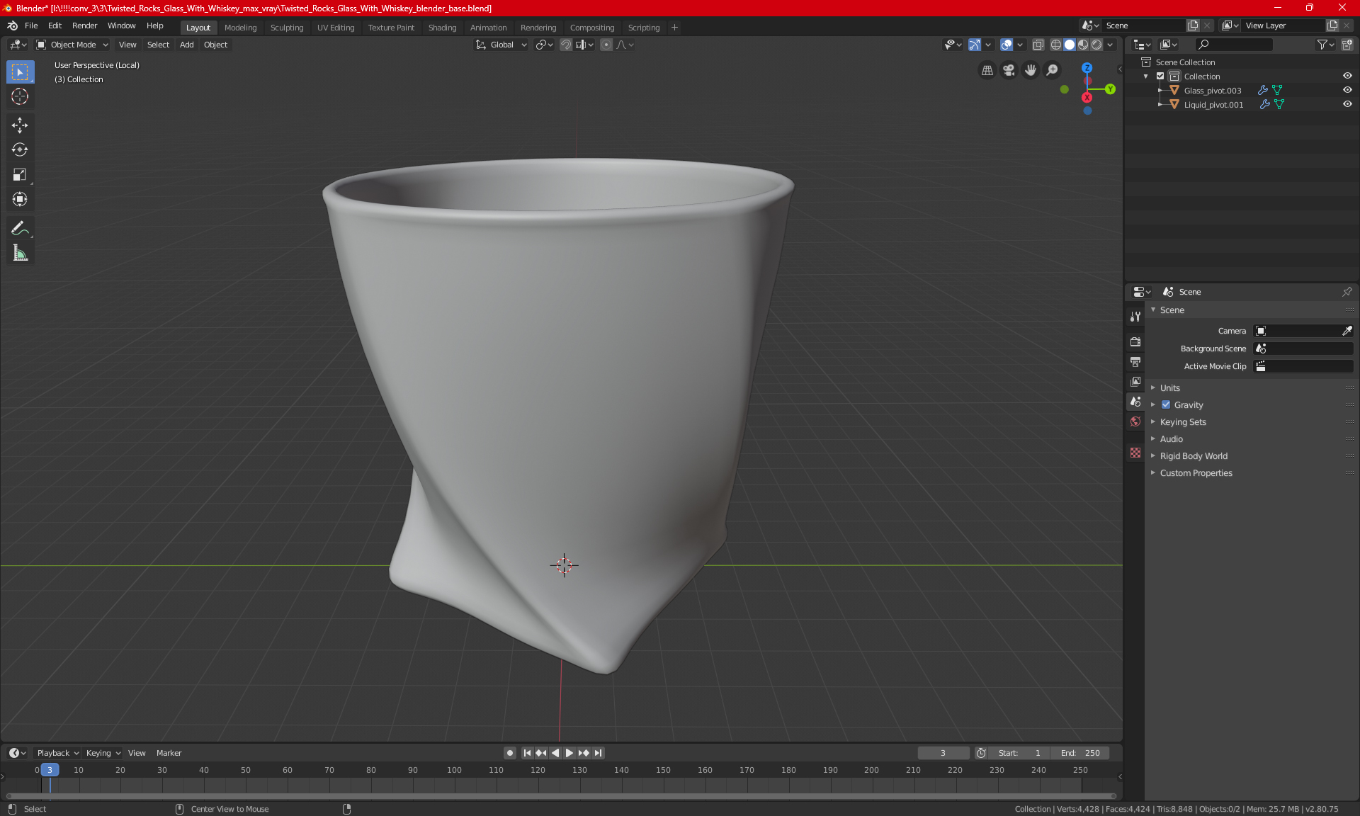 Twisted Rocks Glass With Whiskey 3D