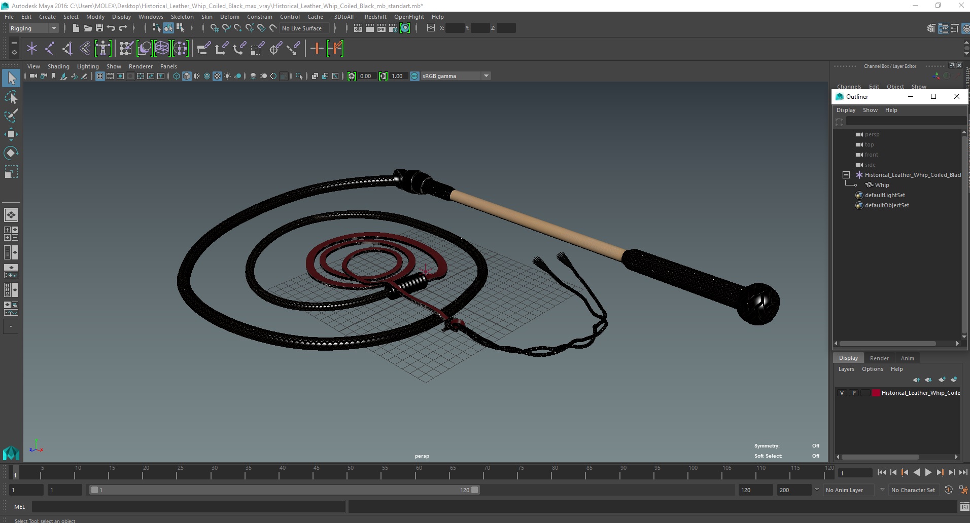 3D Historical Leather Whip Coiled Black