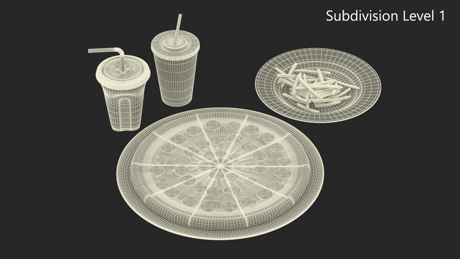 Pepperoni Pizza with Fries and Beverage 3D model