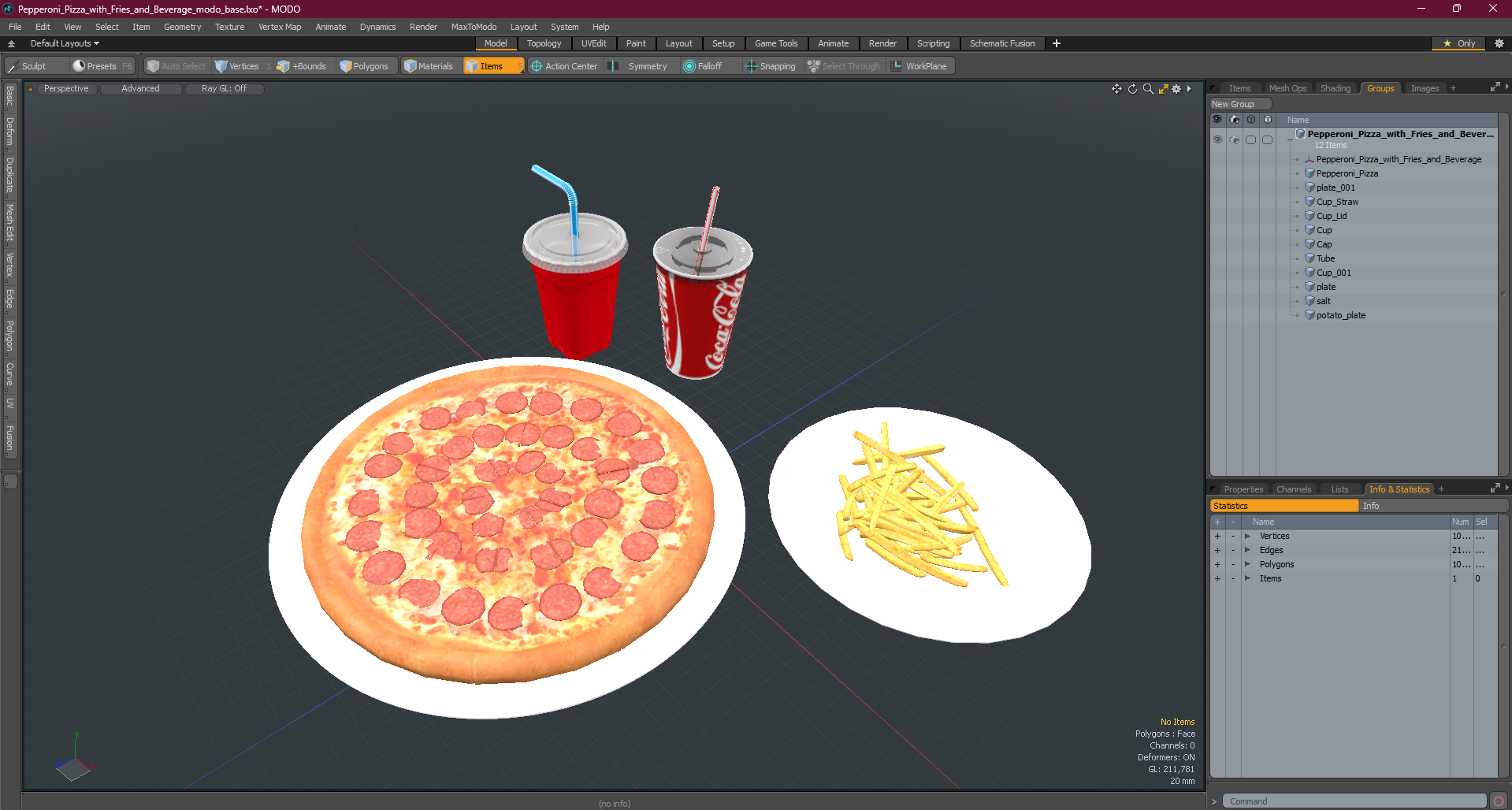 Pepperoni Pizza with Fries and Beverage 3D model