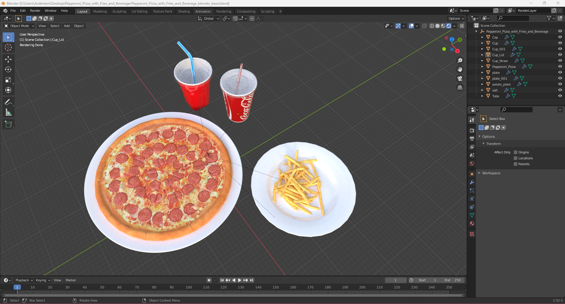 Pepperoni Pizza with Fries and Beverage 3D model
