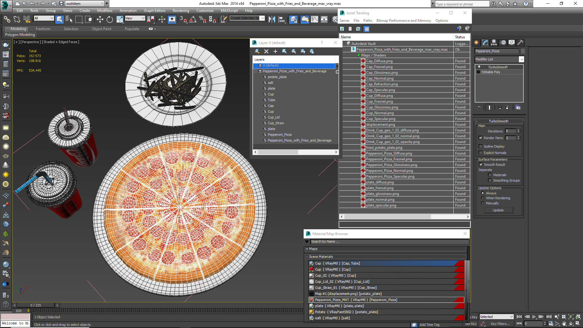Pepperoni Pizza with Fries and Beverage 3D model