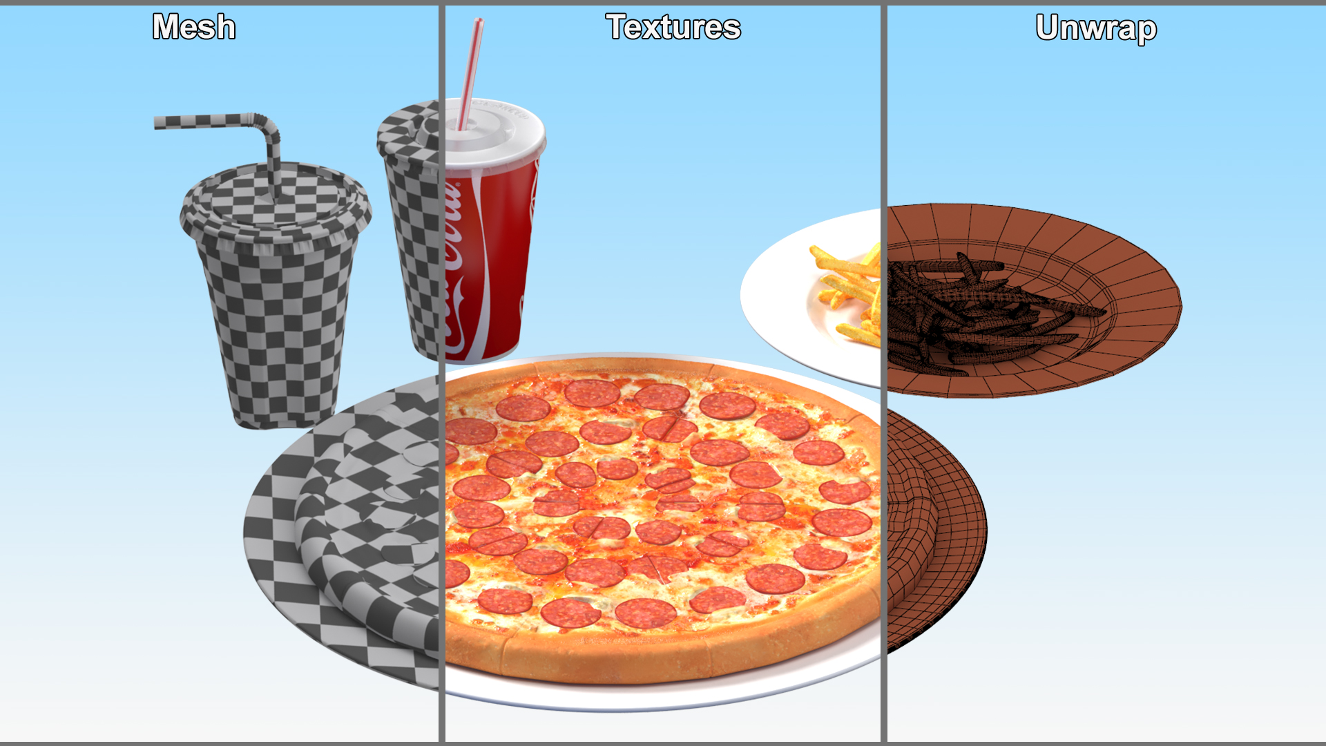 Pepperoni Pizza with Fries and Beverage 3D model