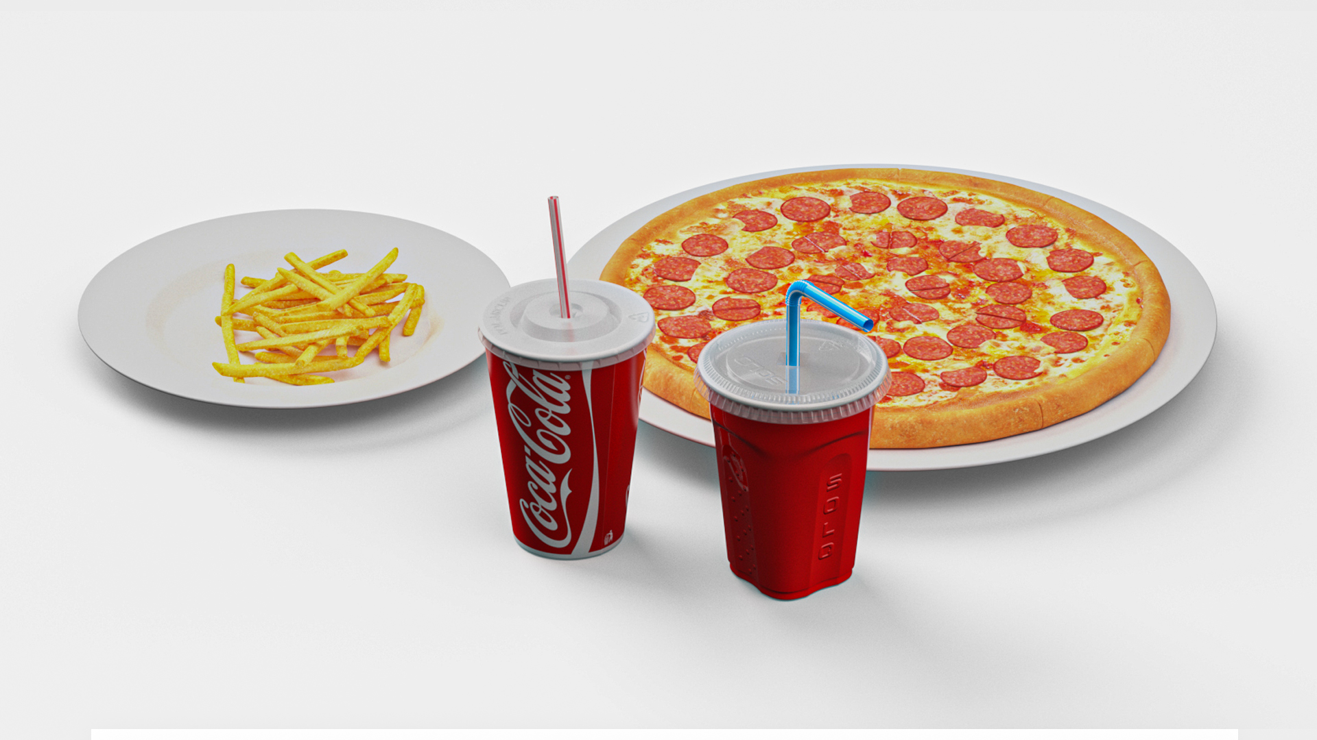 Pepperoni Pizza with Fries and Beverage 3D model