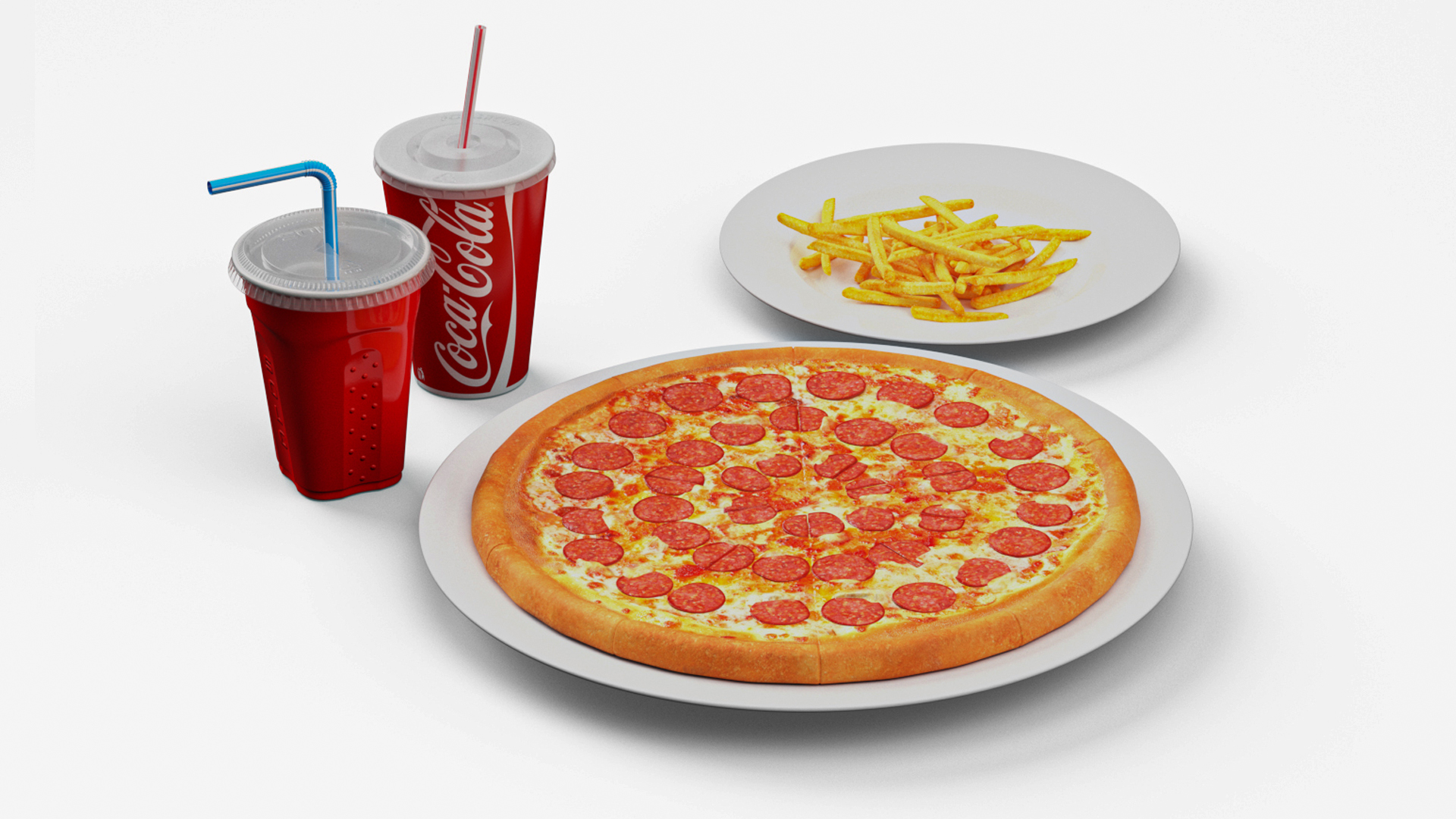 Pepperoni Pizza with Fries and Beverage 3D model