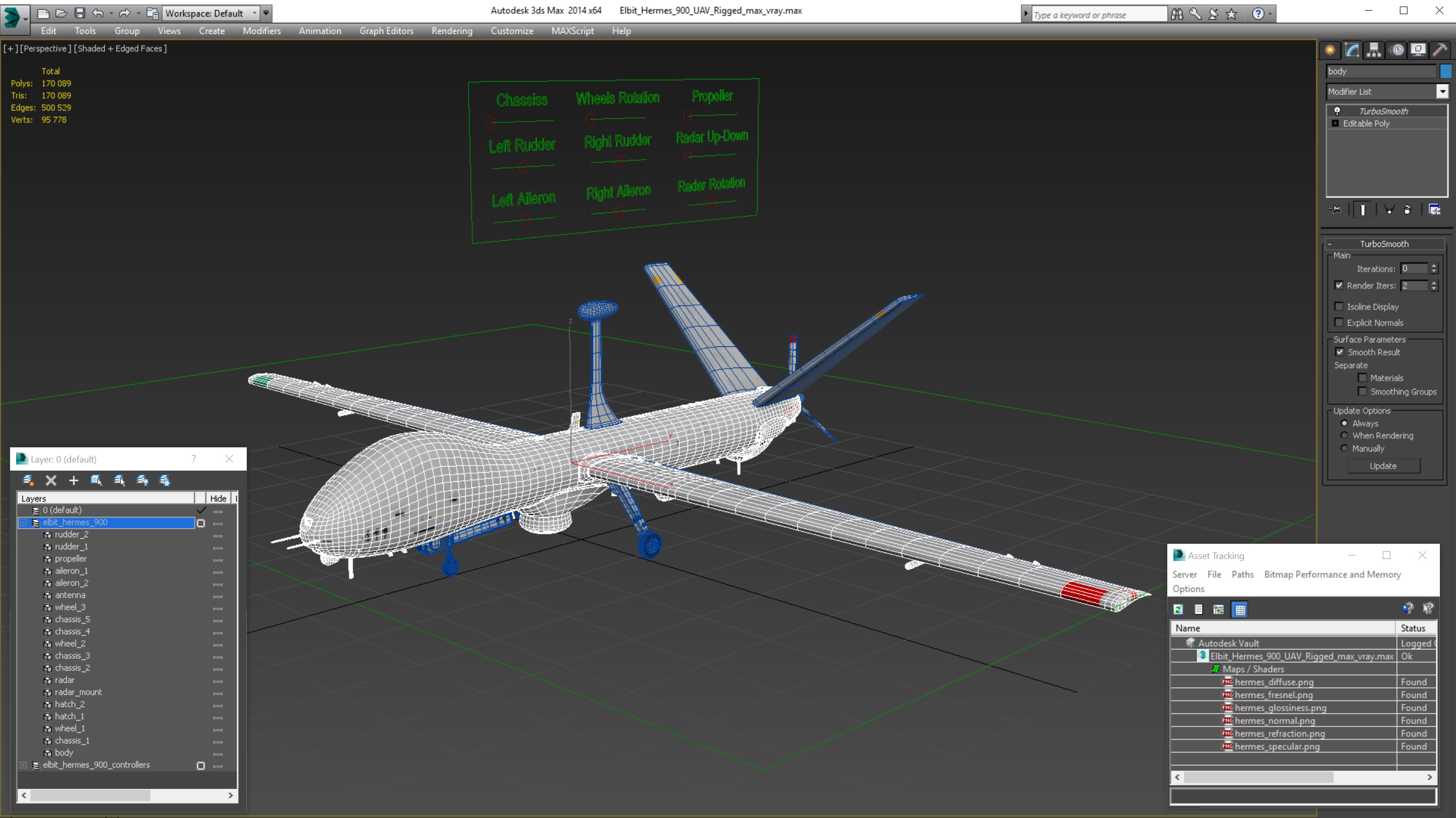 3D Elbit Hermes 900 UAV Rigged for Maya