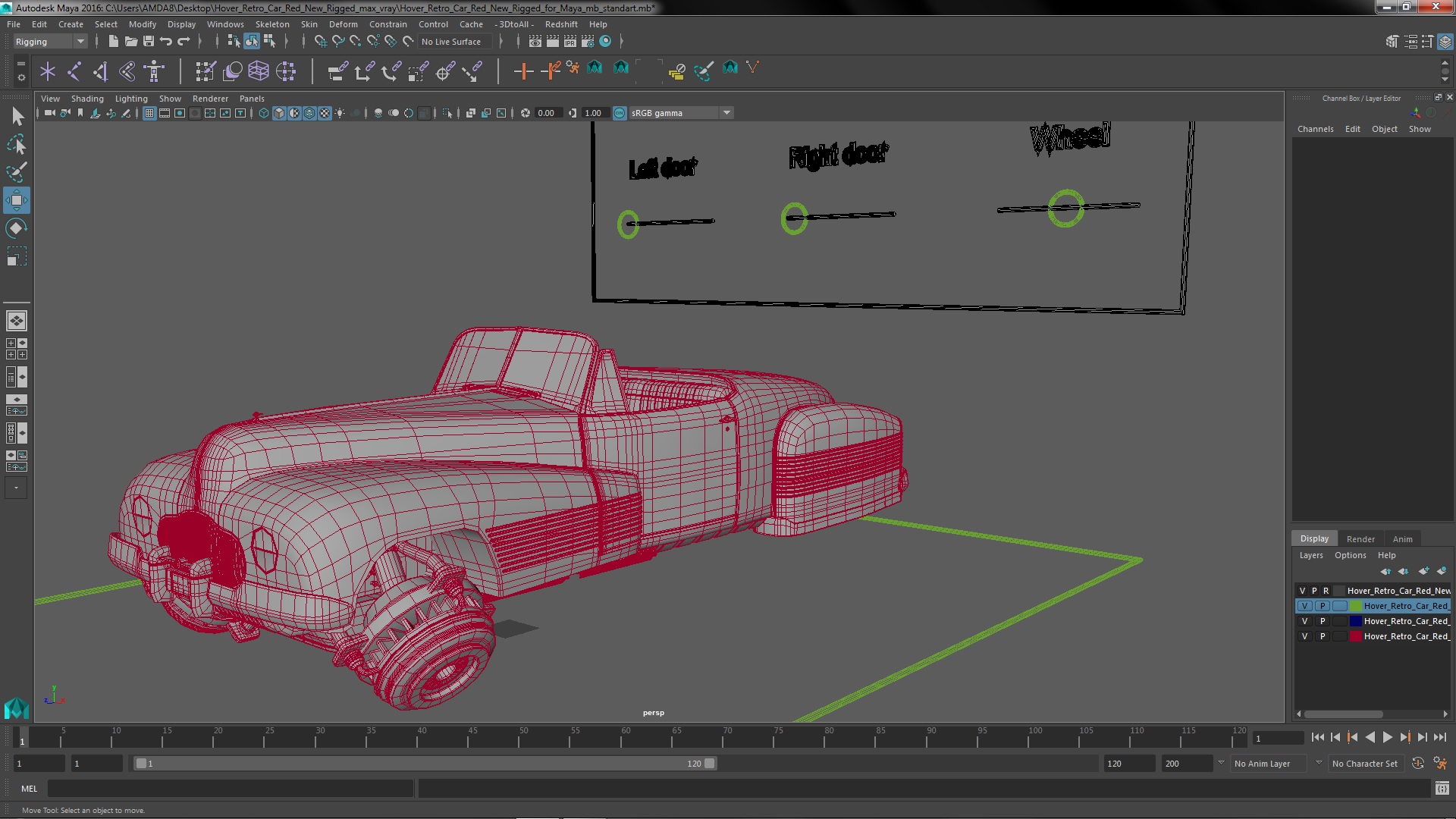 Hover Retro Car Red New Rigged for Maya 3D model