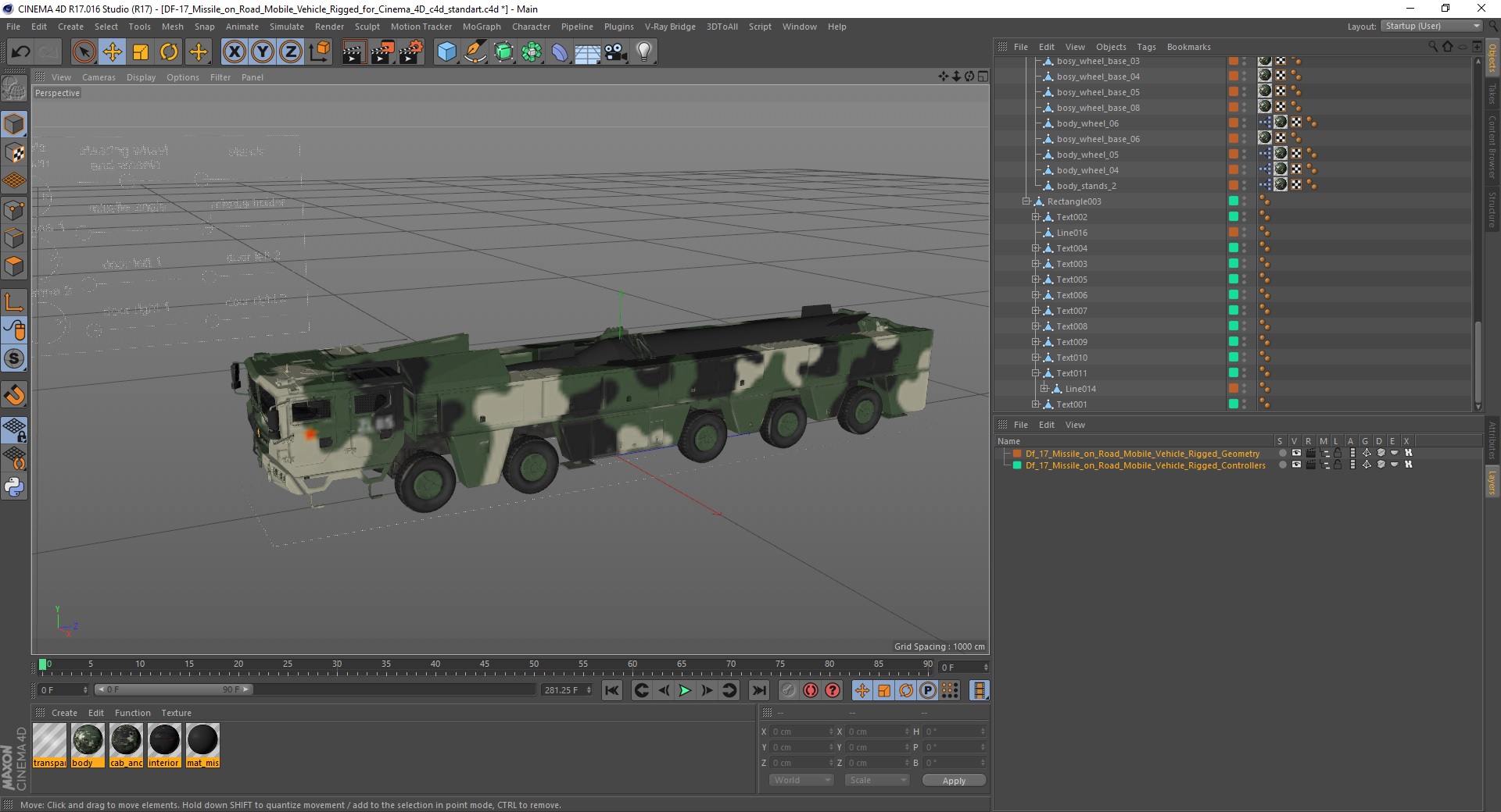 DF-17 Missile on Road Mobile Vehicle Rigged for Cinema 4D 3D