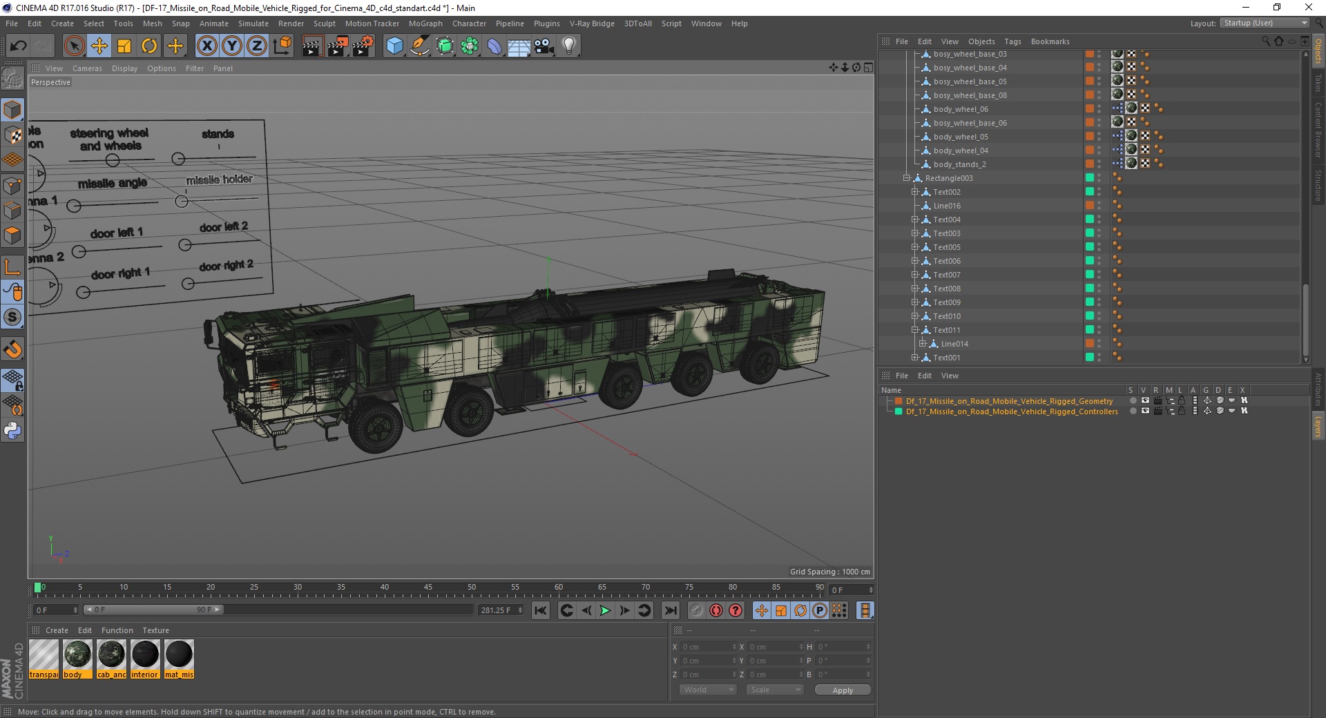DF-17 Missile on Road Mobile Vehicle Rigged for Cinema 4D 3D