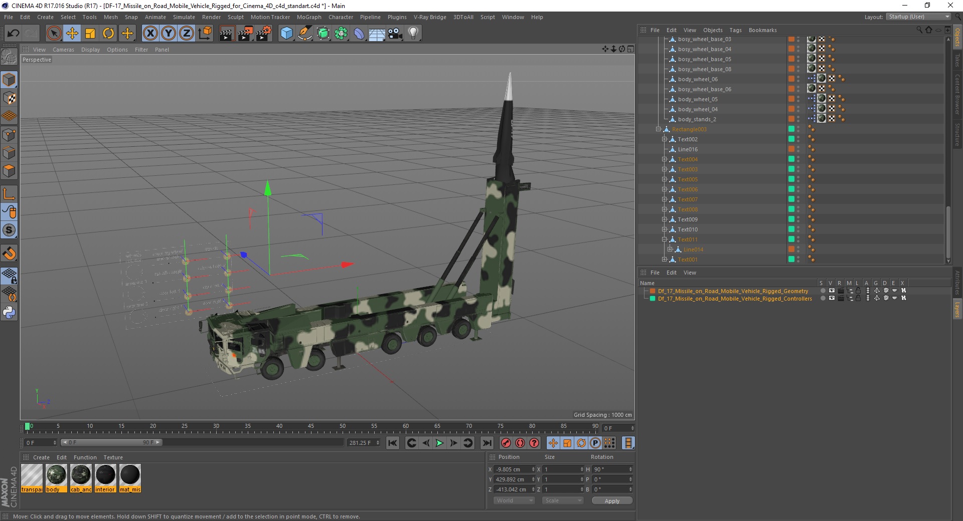 DF-17 Missile on Road Mobile Vehicle Rigged for Cinema 4D 3D