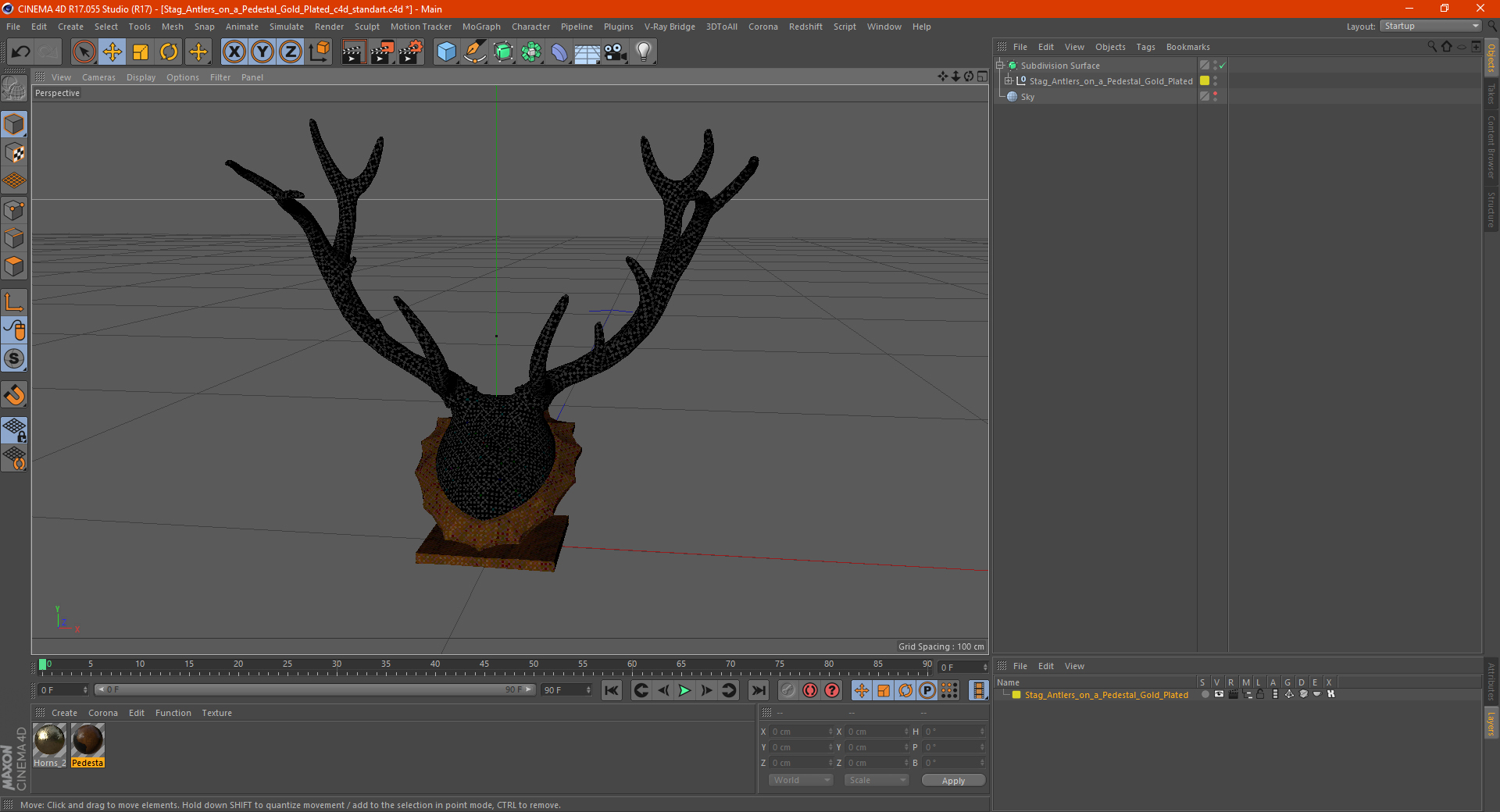 3D Stag Antlers on a Pedestal Gold Plated model