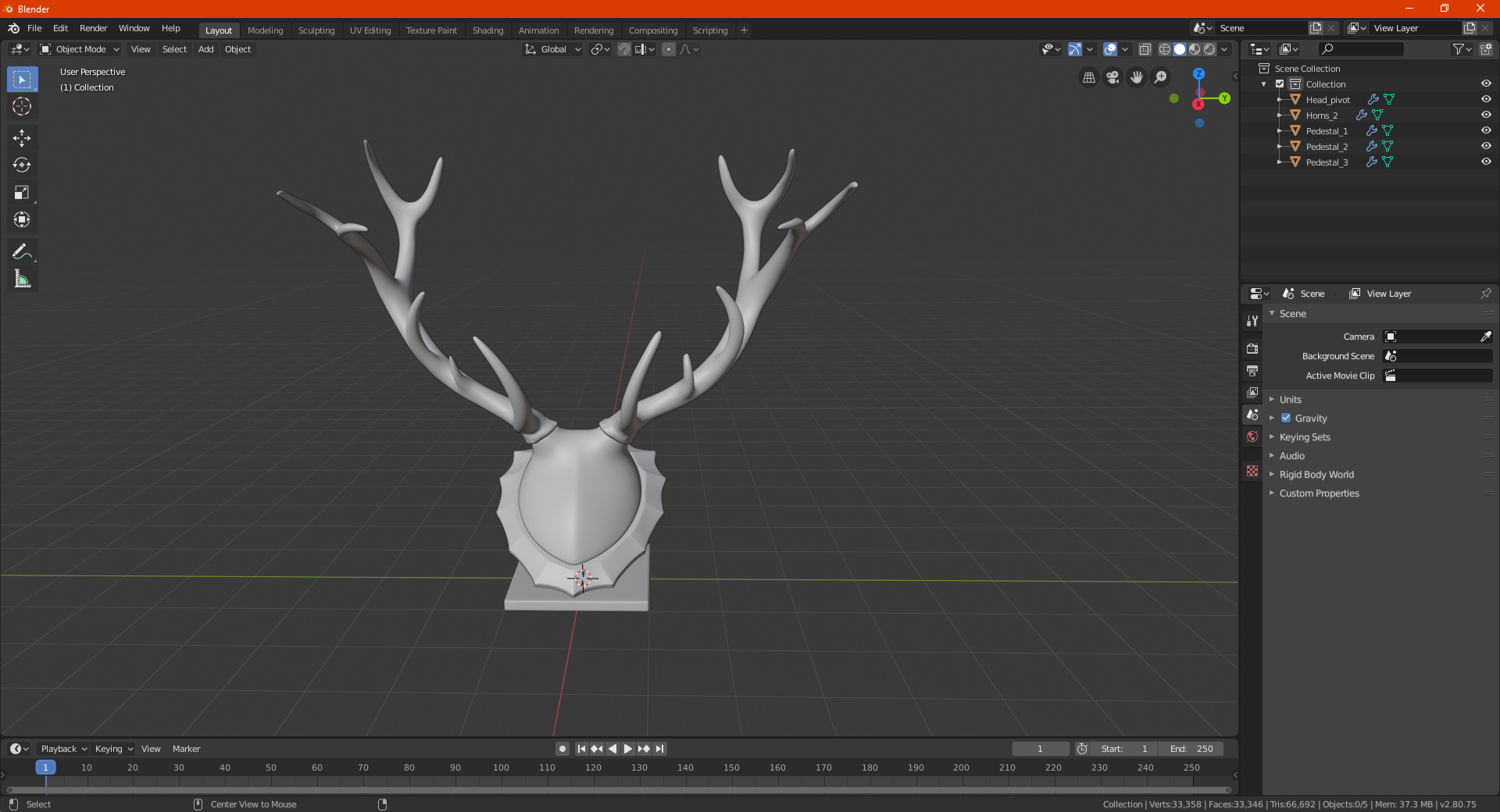 3D Stag Antlers on a Pedestal Gold Plated model