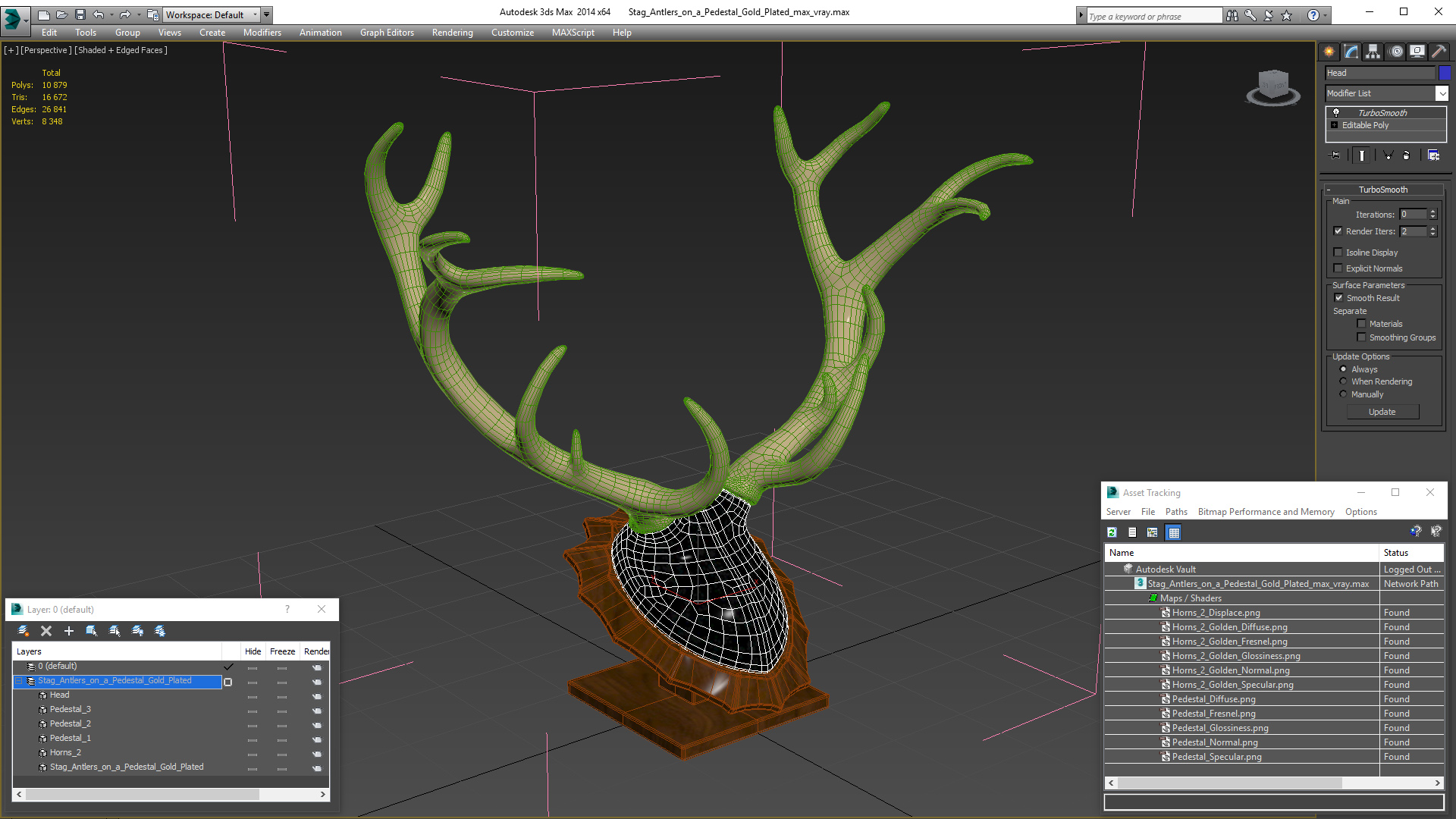 3D Stag Antlers on a Pedestal Gold Plated model