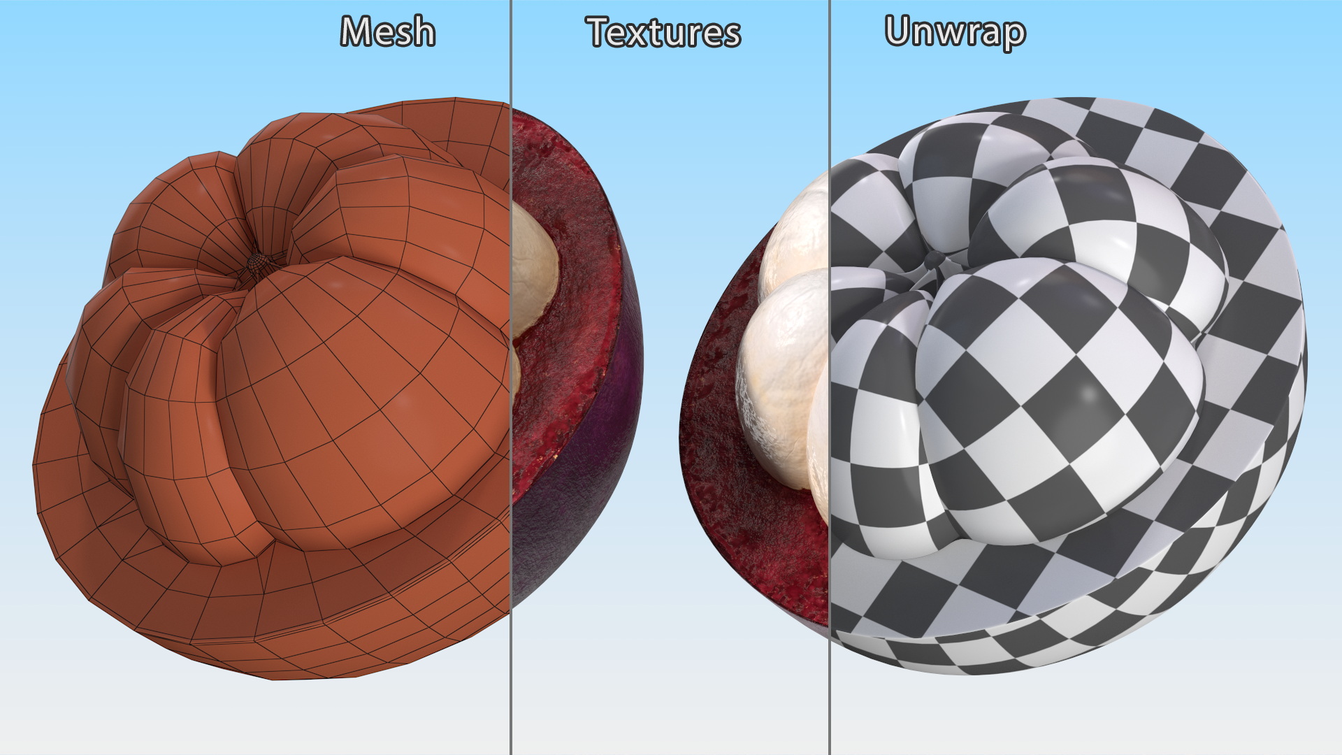 Ripe Half Peeled Purple Mangosteen 3D model