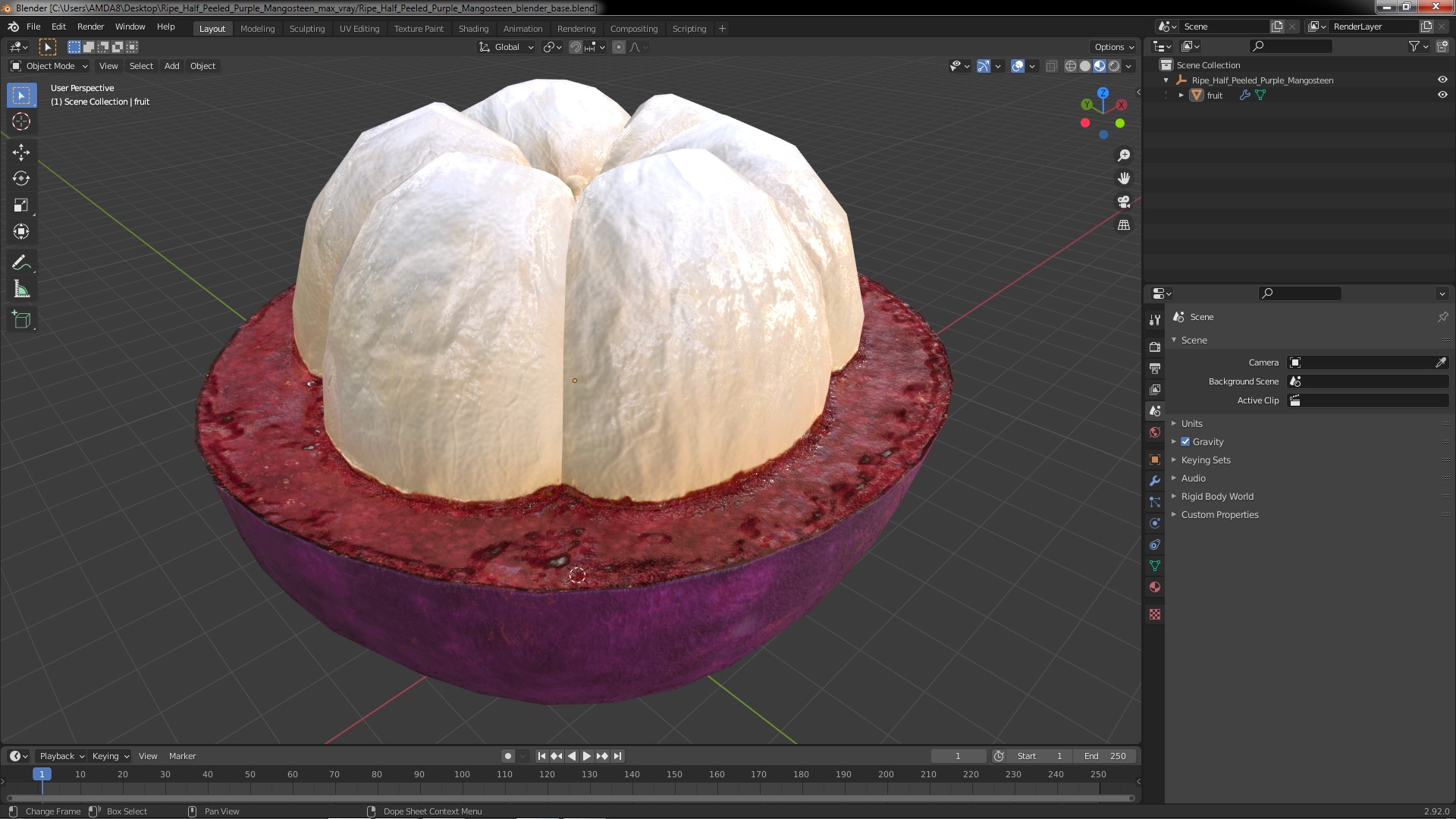 Ripe Half Peeled Purple Mangosteen 3D model