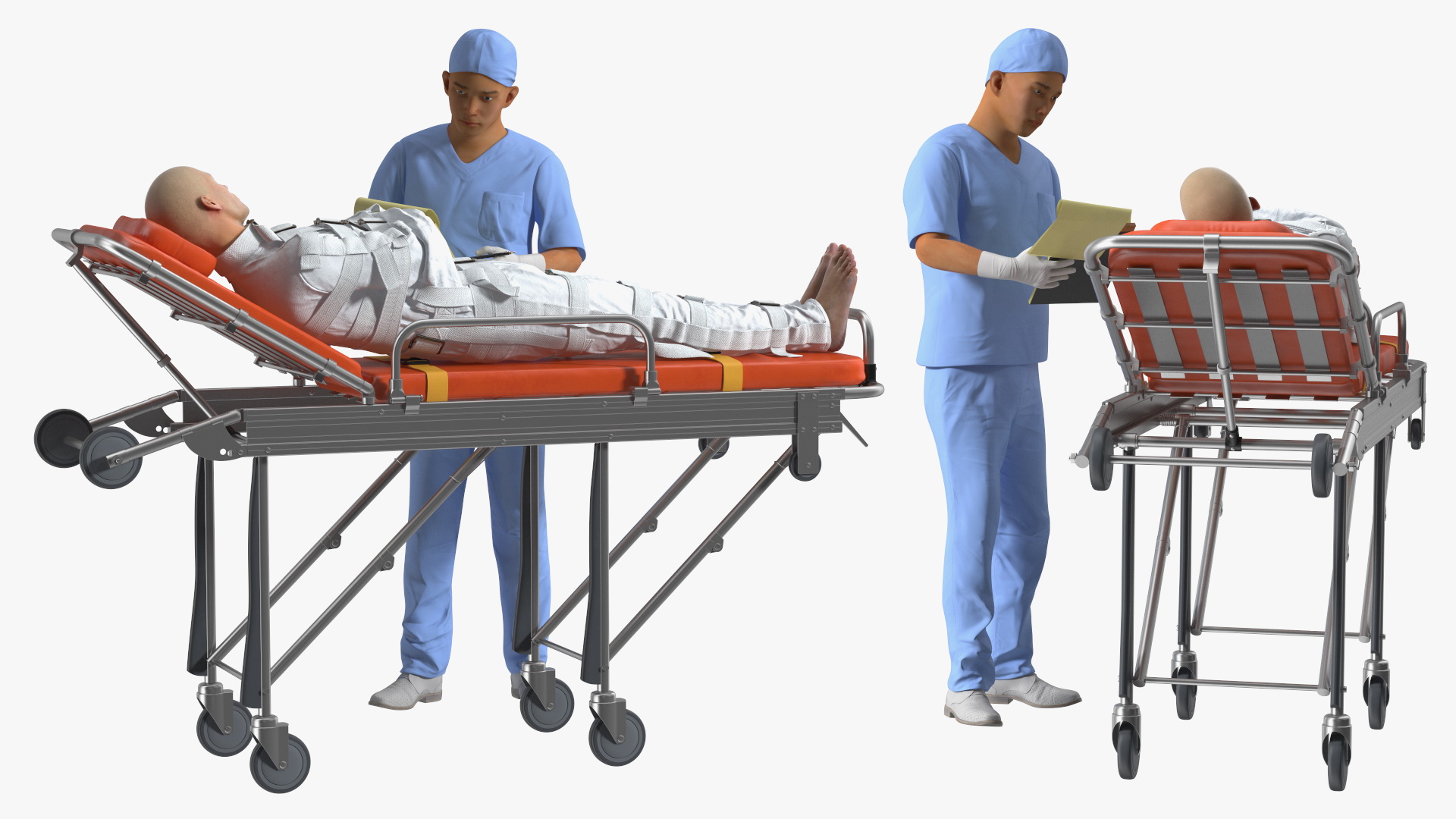 3D Paramedic with Patient in Straitjacket on Stretcher