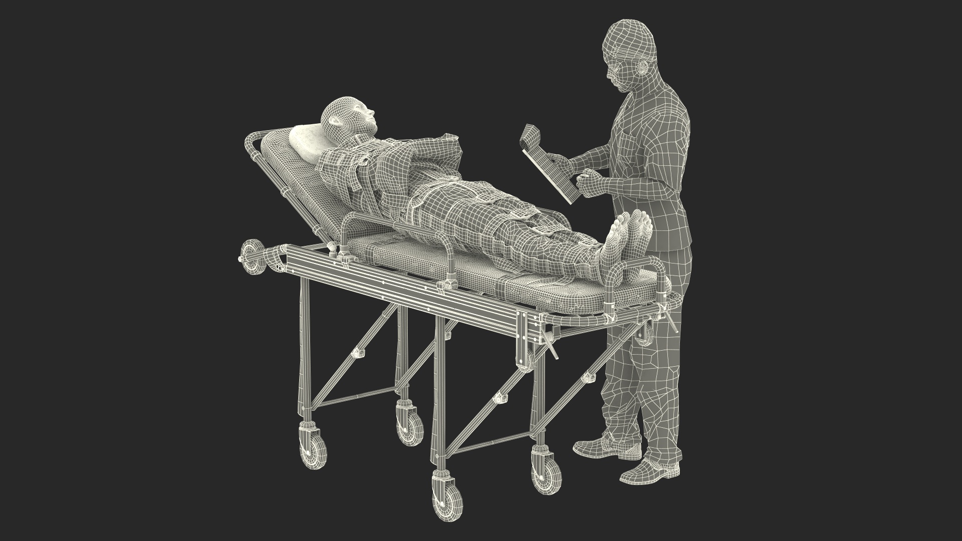 3D Paramedic with Patient in Straitjacket on Stretcher
