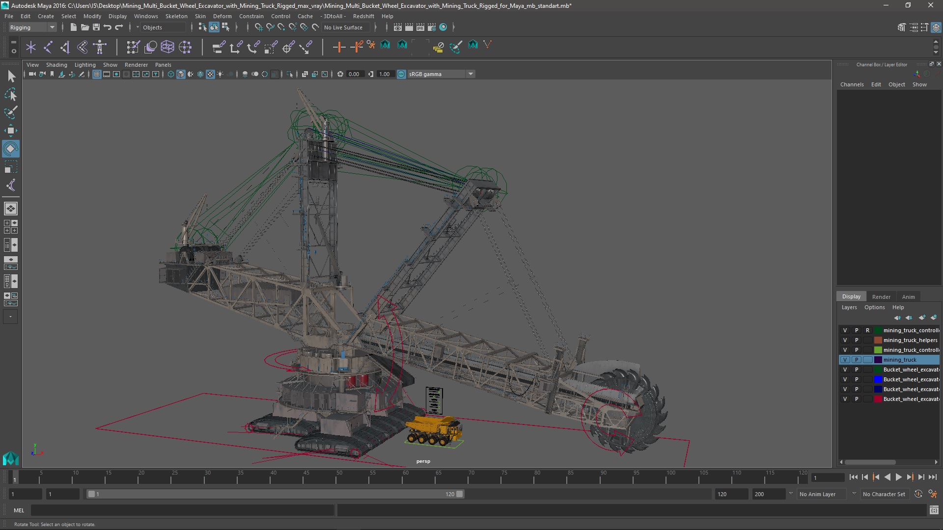 Mining Multi Bucket Wheel Excavator with Mining Truck Rigged for Maya 3D model
